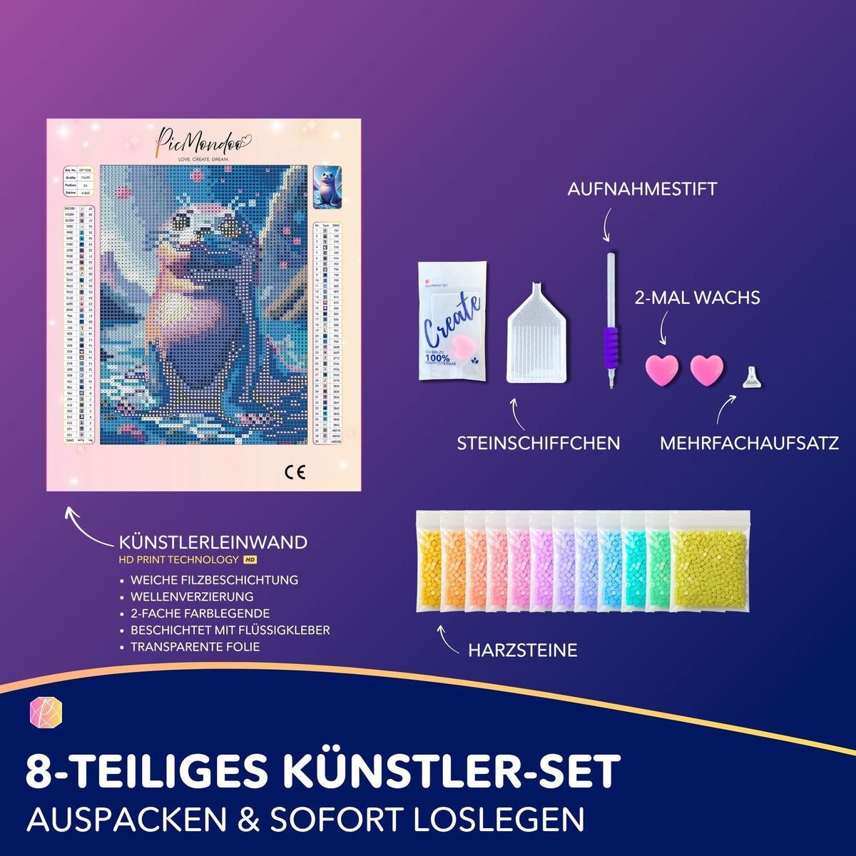 Diamond Painting Set Mini Robin mit süßer Robbe, Leinwand und Zubehör wie Stift, Wachs und bunten Glitzersteinen