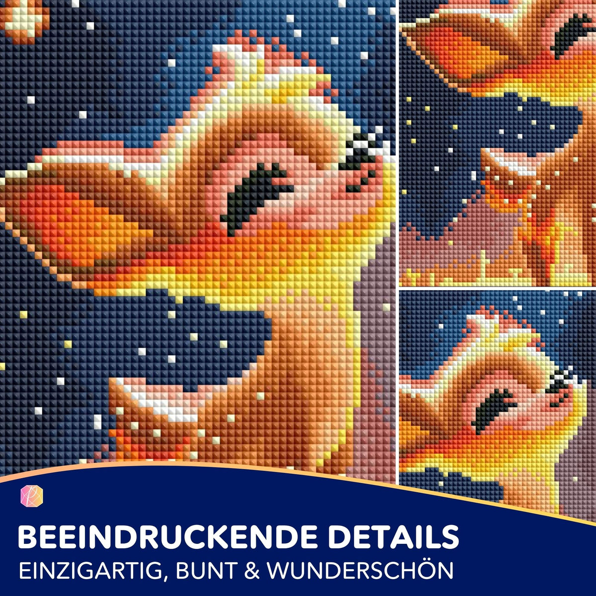 Diamond Painting Set Babsi Sternenstaub mit süßem Rehkitz vor nächtlichem Sternenhimmel, detailliertes Mosaik aus Glitzersteinen
