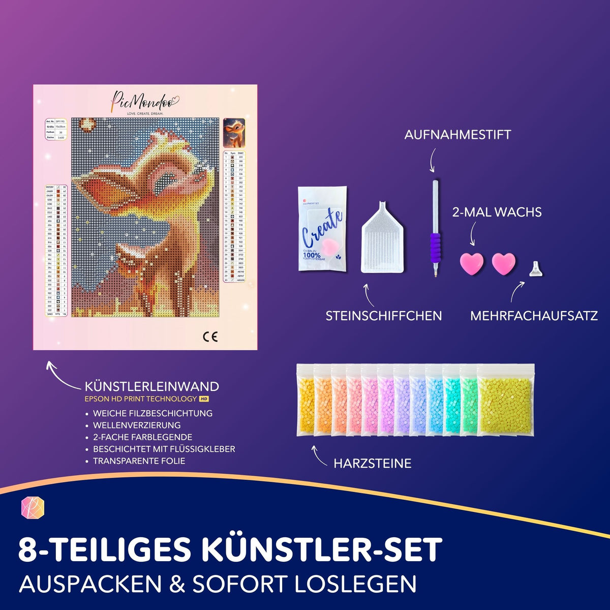 Diamond Painting Set Babsi Sternenstaub mit süßem Rehkitz auf Leinwand inklusive Harzsteinen und Bastelzubehör