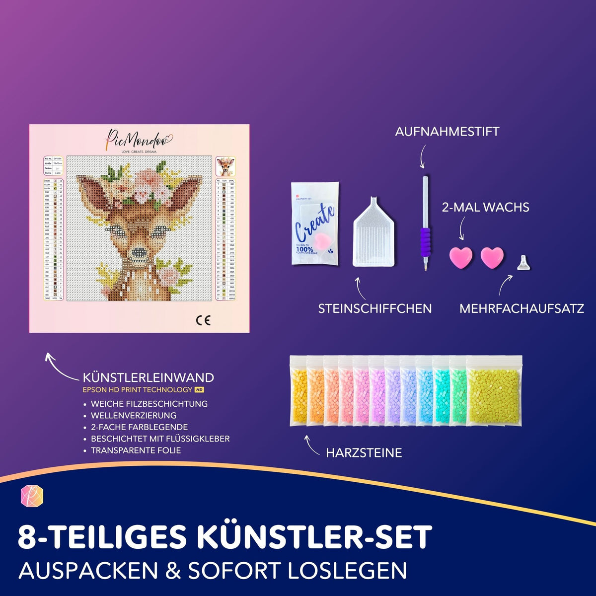 Diamond Painting Set Bambi mit Zubehör, Leinwand und bunten Steinen für DIY-Kunst als entspannendes Hobby.