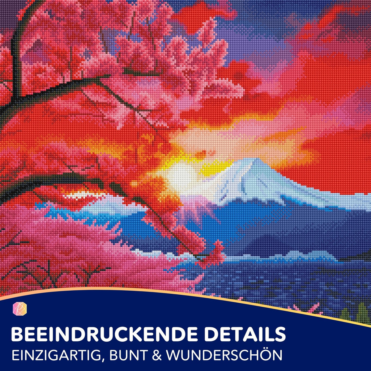 Diamond Painting Berg der Kirschblüten im Abendrot mit leuchtenden Glitzersteinen als buntes Bastelset für Erwachsene.