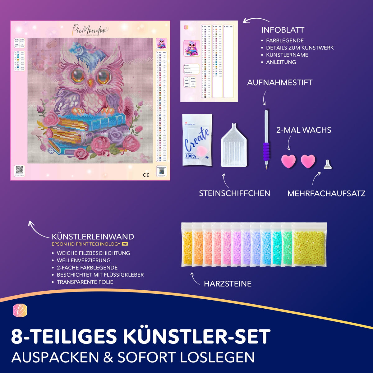 Diamond Painting Set Büchereule mit Leinwand, bunten Harzsteinen und Zubehör für DIY Kunstwerke.