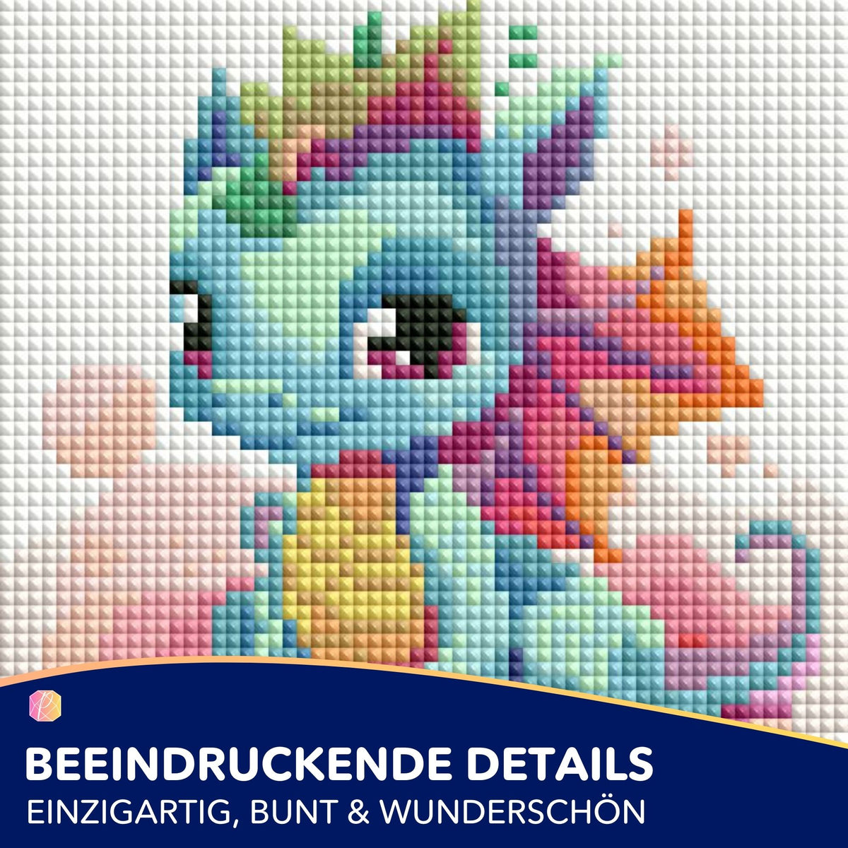Diamond Painting Mini Set mit niedlichem, buntem Babydrache-Motiv aus glitzernden Steinchen