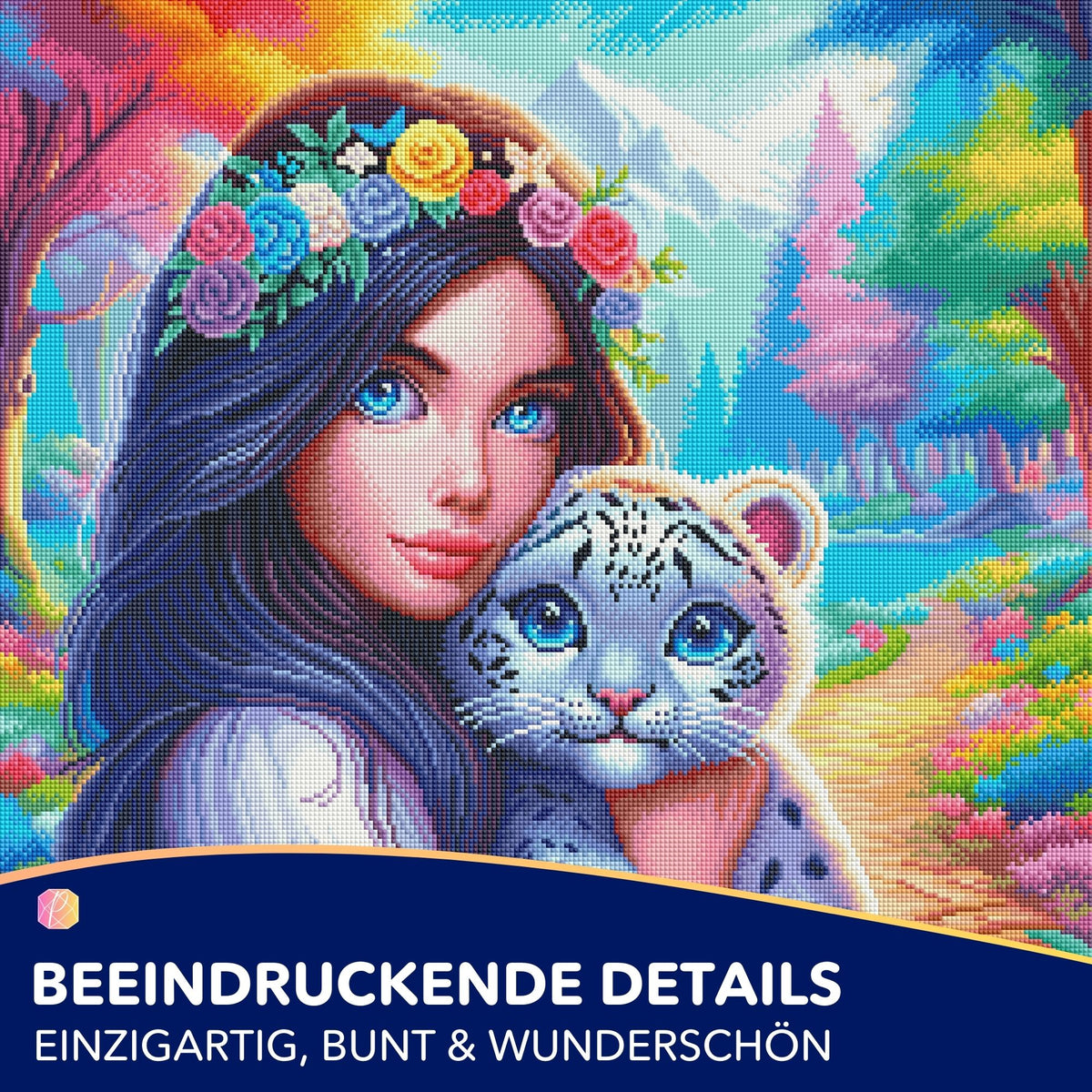 Diamond Painting Set Amira's Paradies mit Fantasy-Motiv von Mädchen mit Blumenkranz und kleinem Leoparden