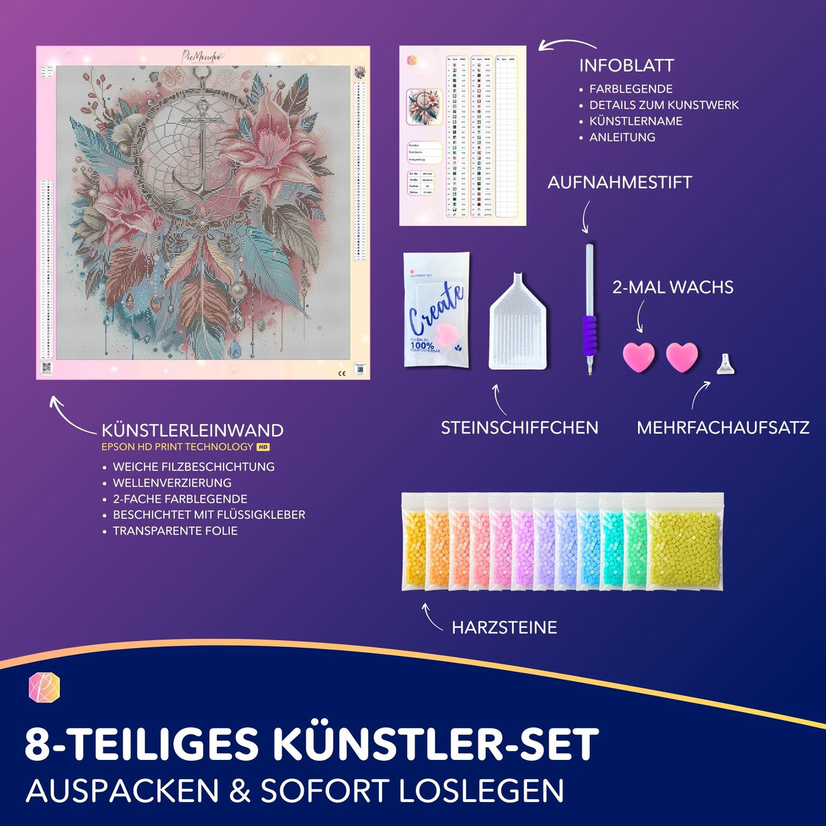 Diamond Painting Set Dream Anker mit Blumen und Federn inkl. Leinwand, Zubehör und Harzsteinen für kreativen Bastelspaß.
