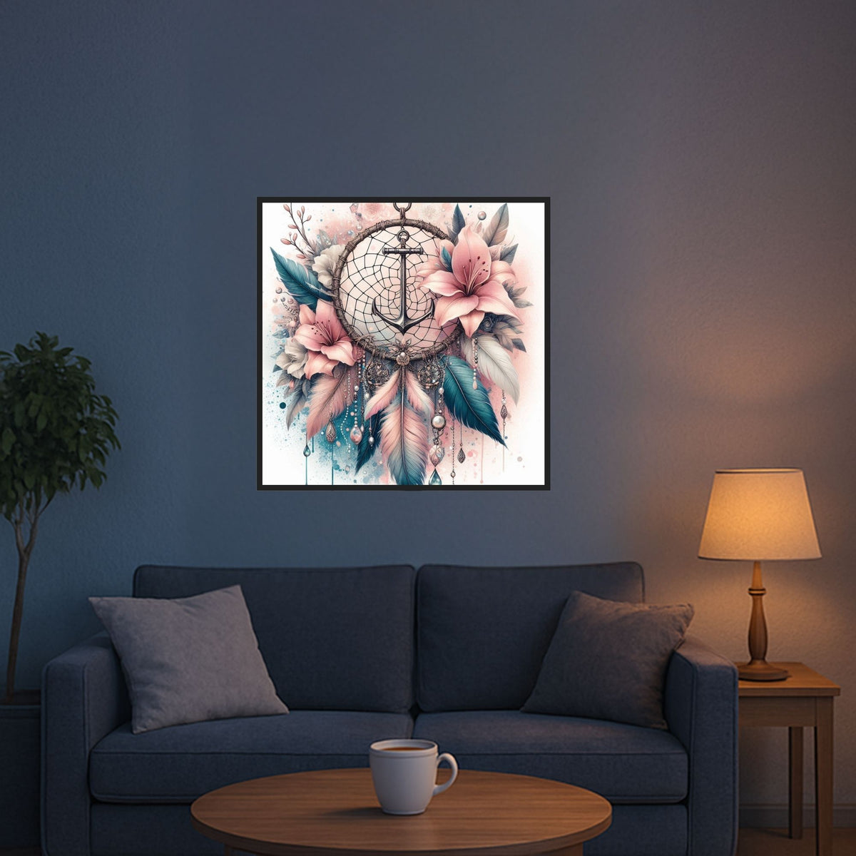 Fertiges Diamond Painting Dream Anker mit Blumen, Federn und Glitzersteinen als DIY-Set für Erwachsene