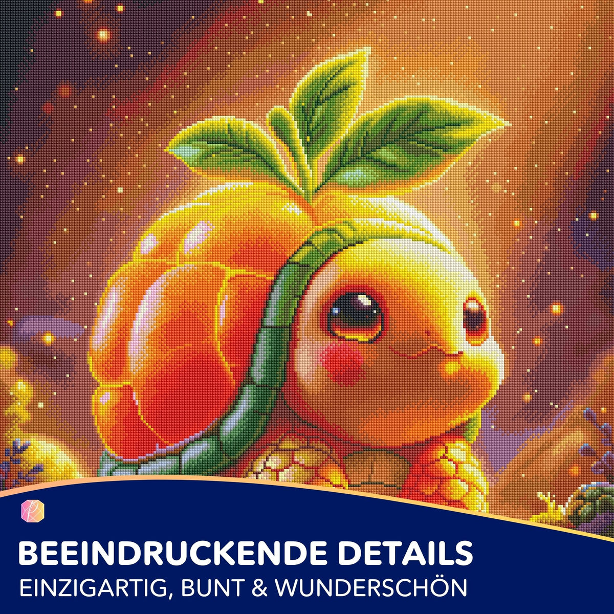 Diamond Painting Set Frutty: Süße Schildkröte mit Fruchtpanzer in leuchtenden Farben und funkelndem Design