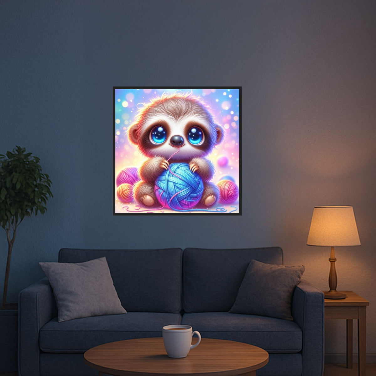 Fertiges Diamond Painting Set mit süßem Faultier und blauen Augen, umgeben von buntem Wollknäuel, 60x60cm Wandbild