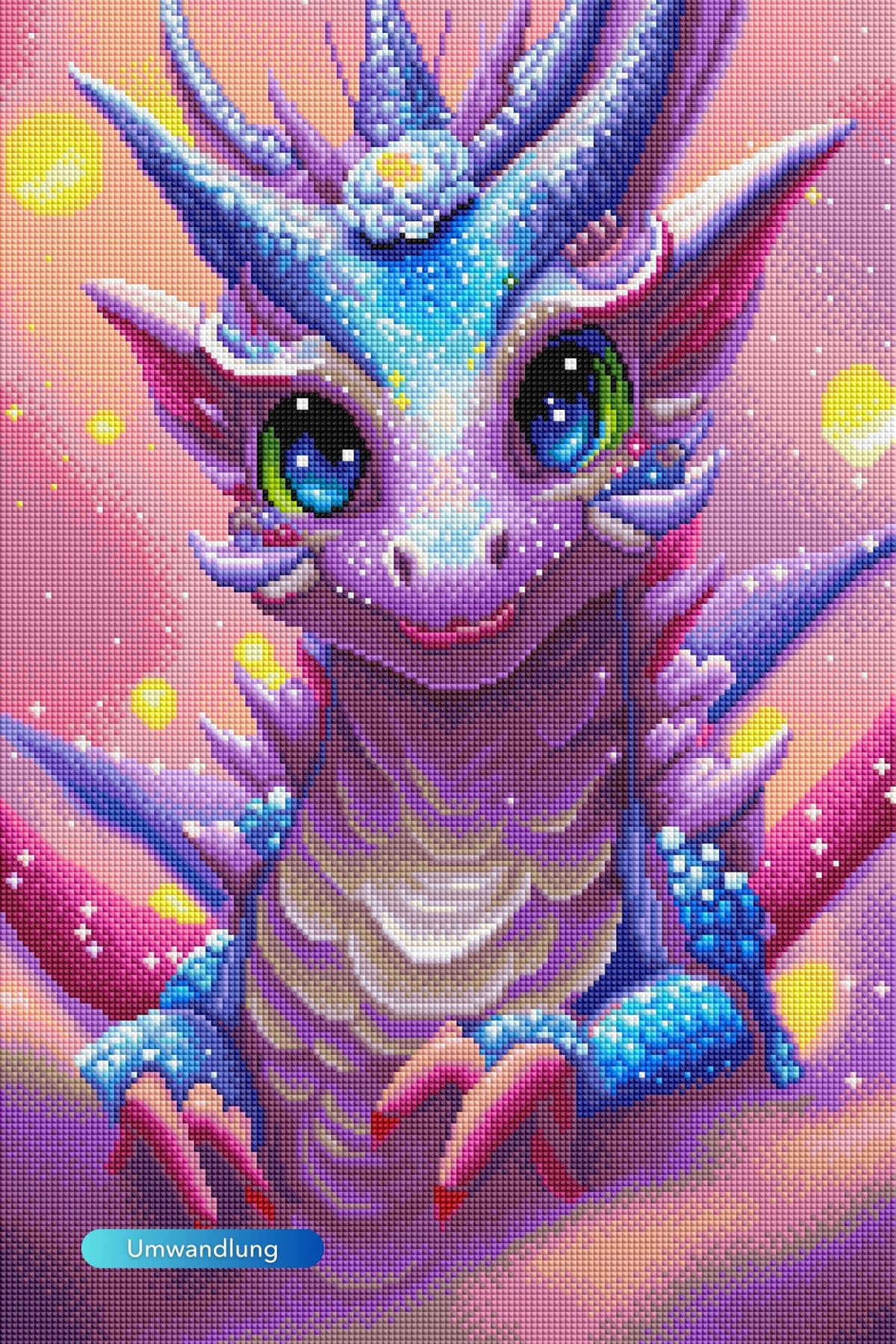 Diamond Painting mit süßem Baby-Drachen in bunten Farben mit funkelnden eckigen Steinen aus dem Fantasy-Bereich.