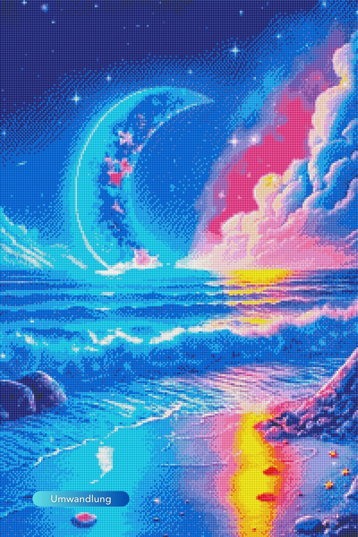 Diamond Painting Strand im Mondschein mit bunten AB-Steinen, Fantasy-Landschaft bei Nacht als 50x75cm großes DIY-Set