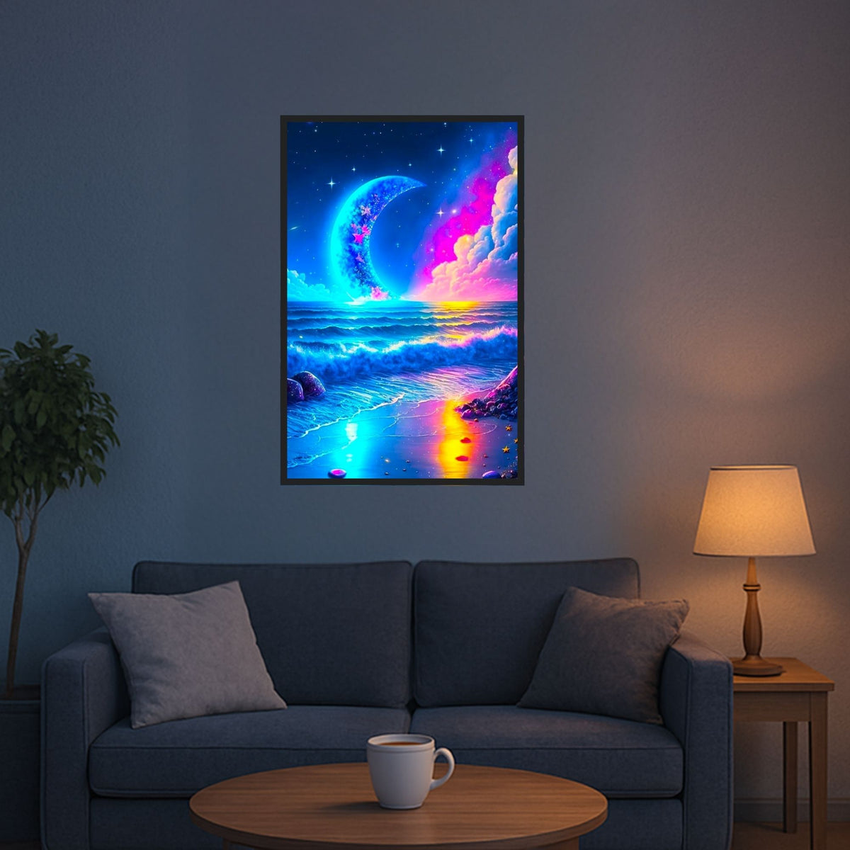 Diamond Painting Set Strand im Mondschein mit bunten AB-Steinen, glitzernde Fantasy-Landschaft als Wandbild im Wohnzimmer.
