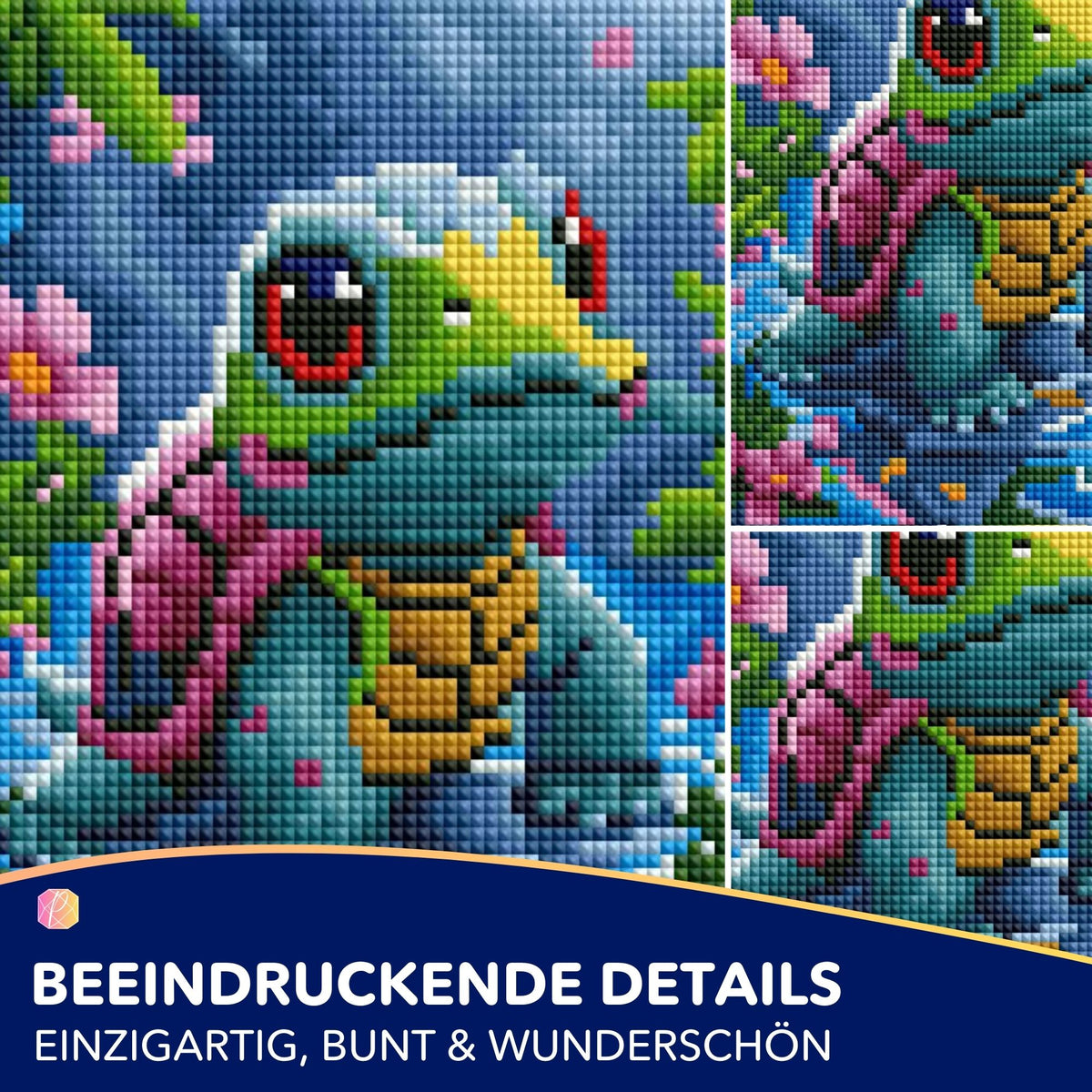 Diamond Painting Set Motiv kleine Schildkröte mit Blumen, buntes DIY Kunstwerk in Miniaturgröße 20x15cm