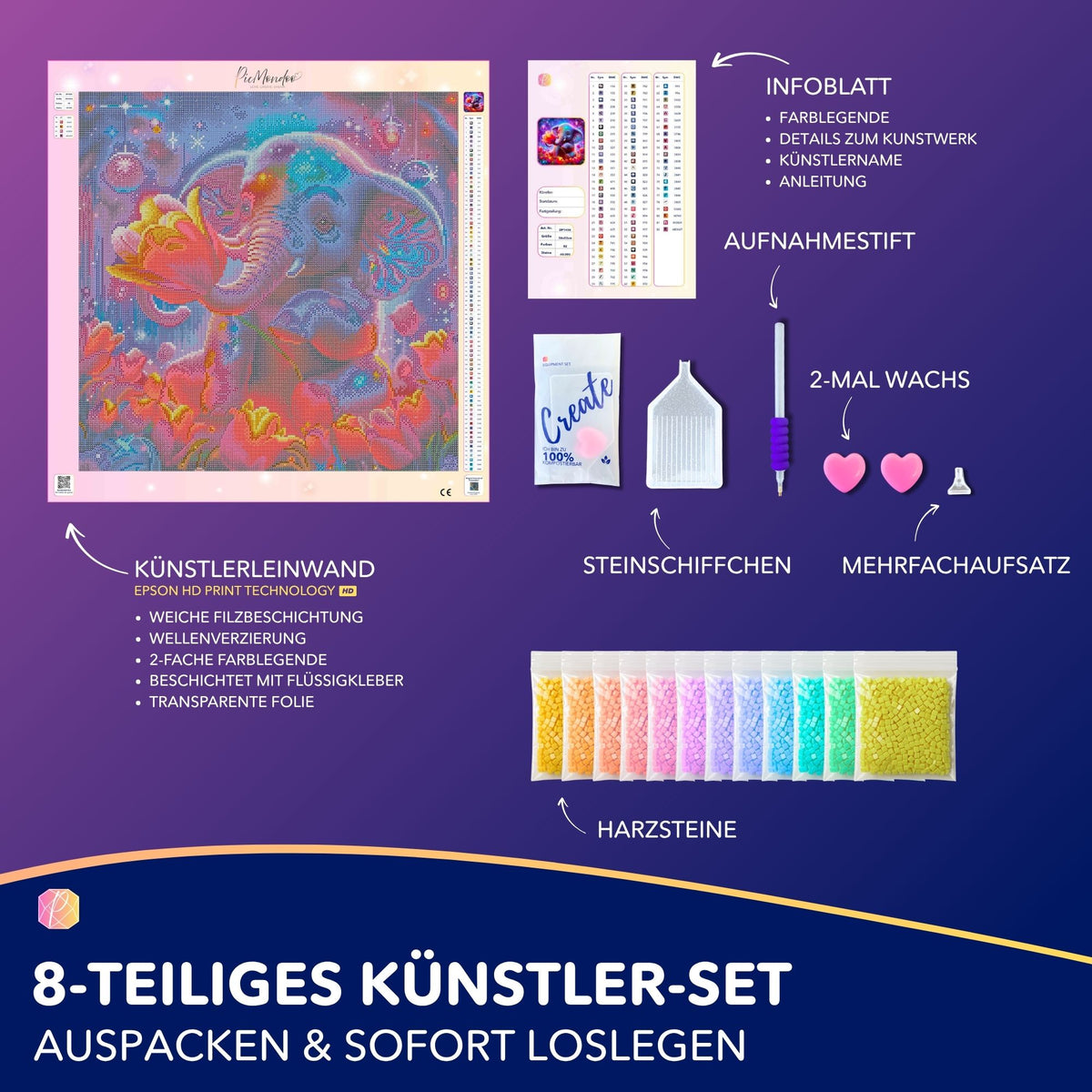 Diamond Painting Set Elefantenmädchen mit bunten Blumen, komplettem Zubehör-Set und hochwertigen Harzsteinen