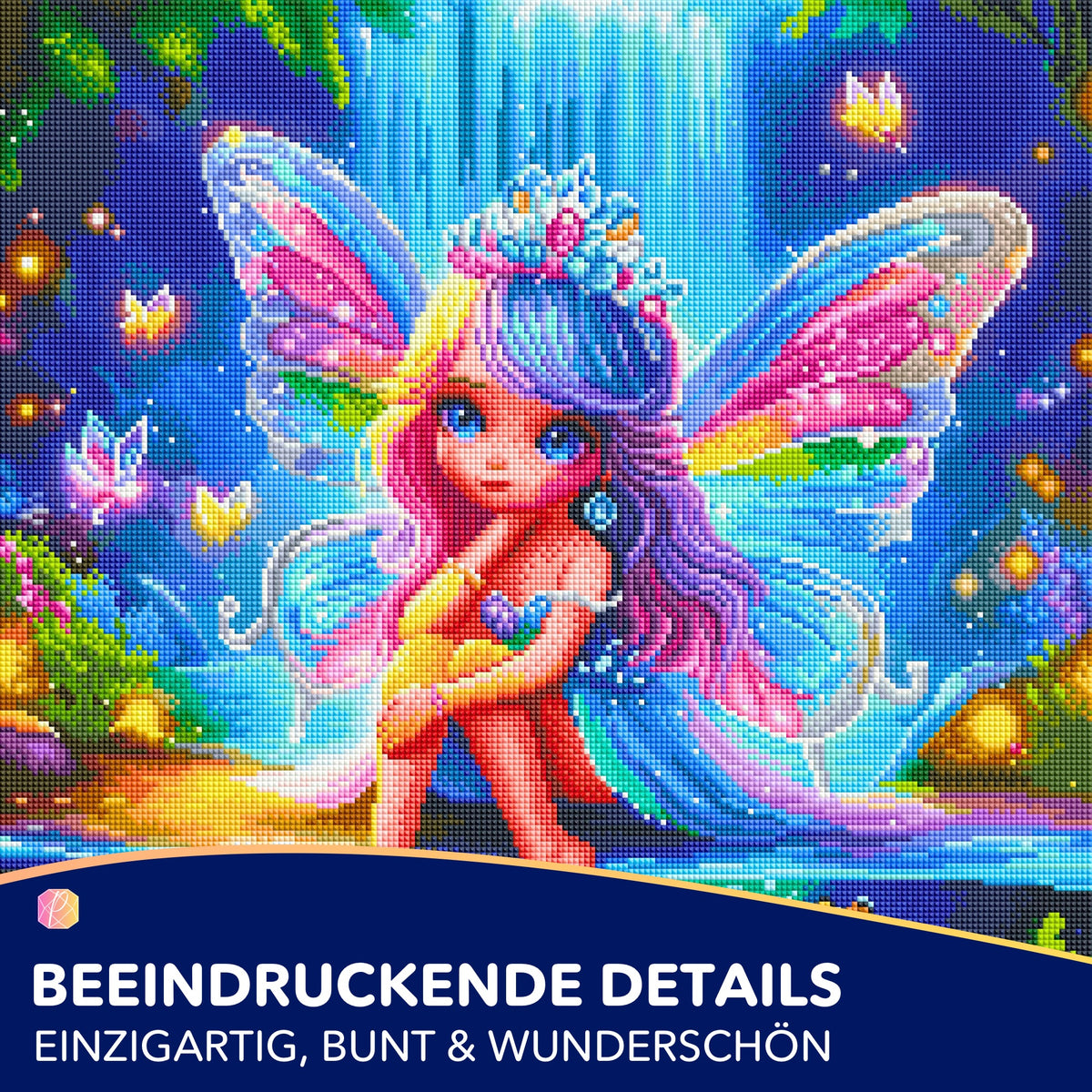 Buntes Diamond Painting Set mit zauberhafter Elfe, Schmetterlingen und glitzernden Steinen in einer Fantasy-Waldwelt