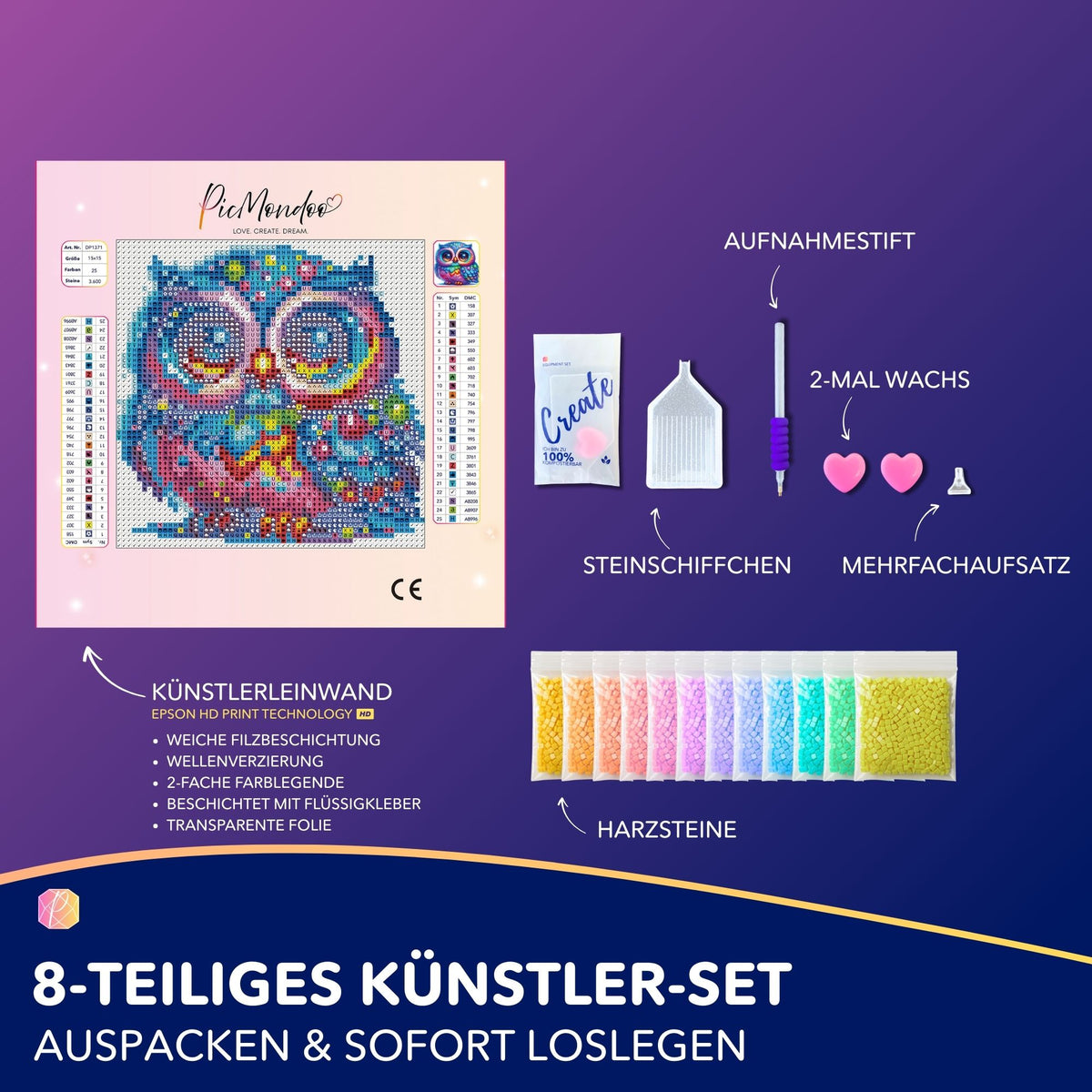 Diamond Painting Set Mini Eule Elly mit bunter Leinwand, 15x15cm, Zubehör, Glitzersteinen und Aufnahmestift.