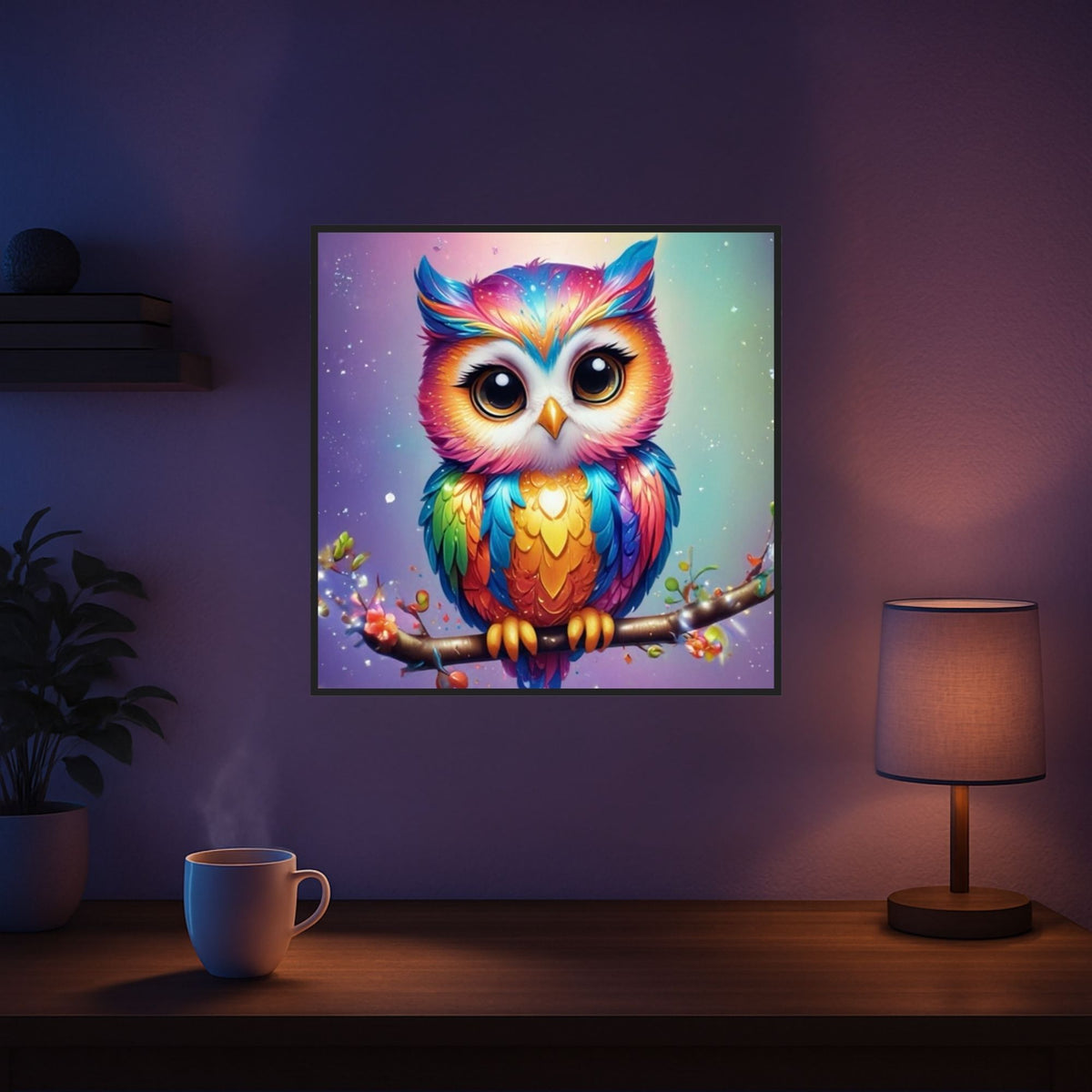 Diamond Painting Eule Fridolin: Buntes, glitzerndes Tiermotiv als 50x50cm Wandbild im gemütlichen Zimmer
