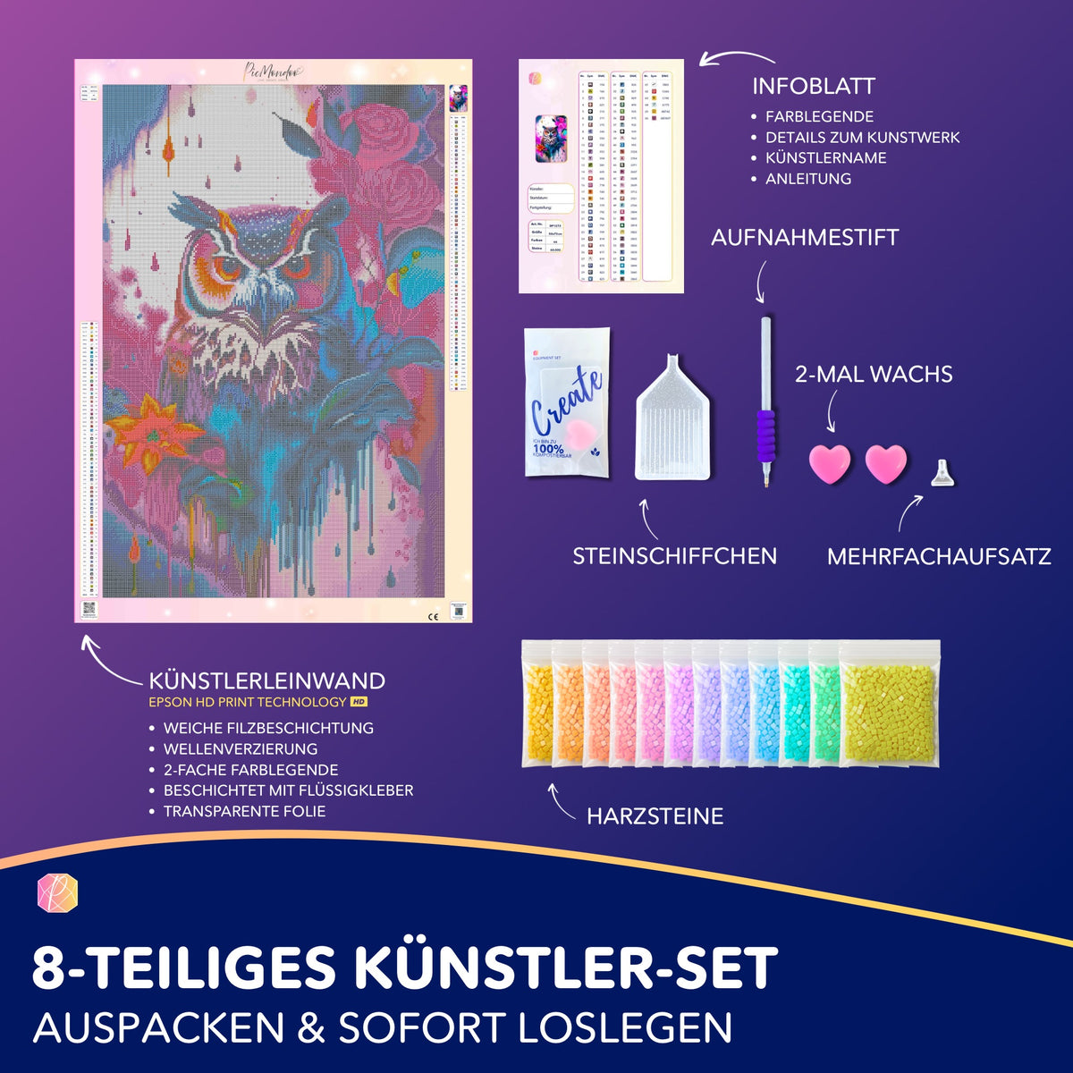 Diamond Painting Set Eule mit bunten Blumen, komplettem Zubehör, Leinwand und Harzsteinen für kreatives Basteln