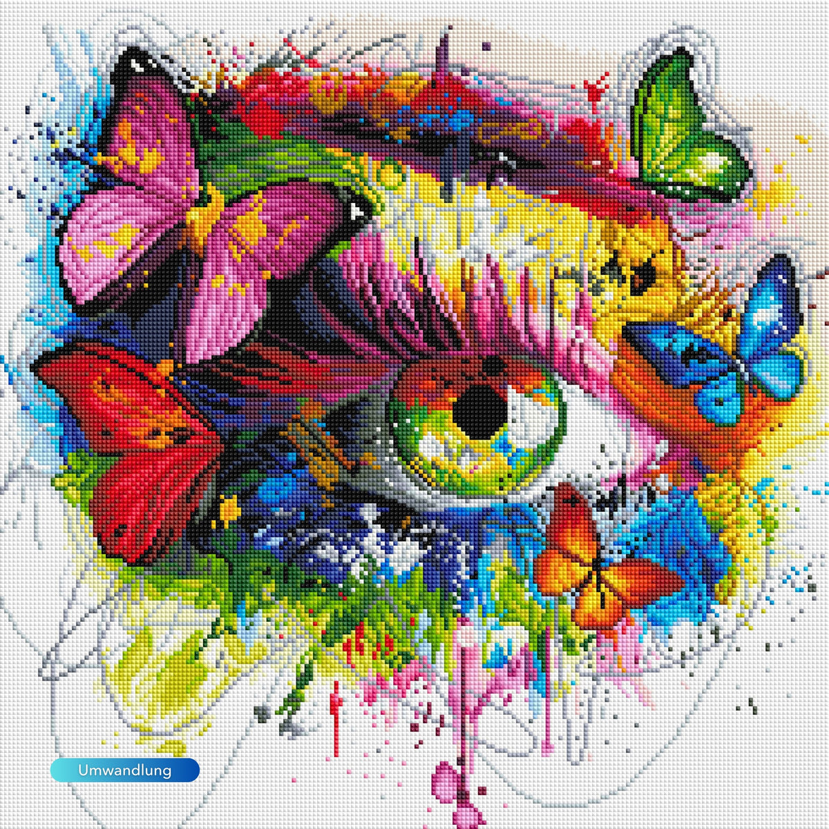 Diamond Painting Set Auge mit bunten Schmetterlingen im abstrakten Fantasy-Design mit leuchtenden Steinen
