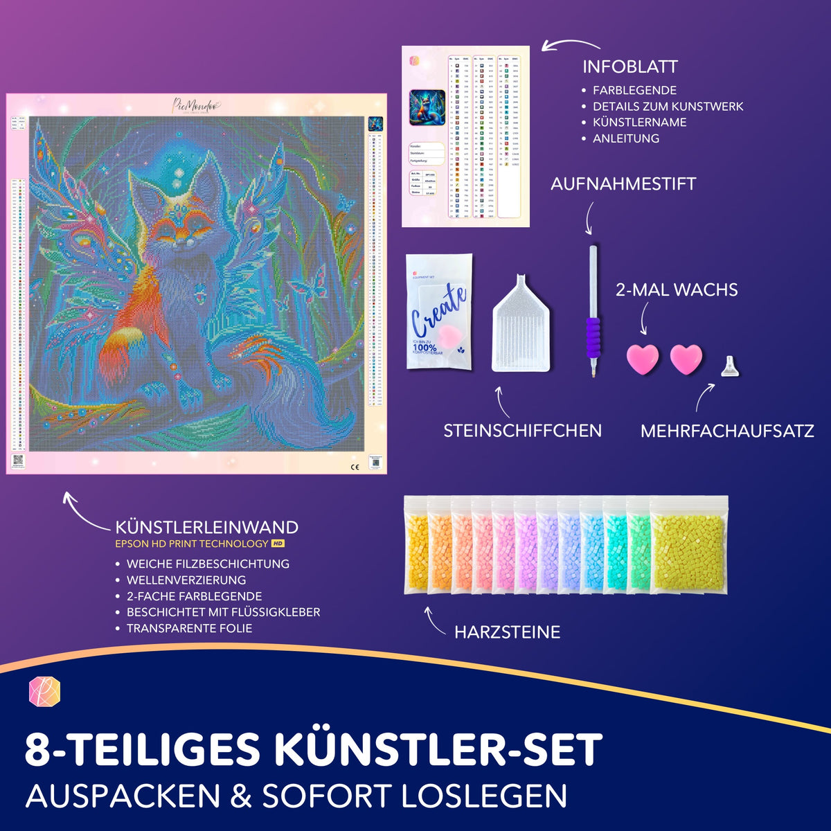 Diamond Painting Set Fantasy Fuchs mit Feenflügeln und bunten Harzsteinen inklusive Zubehör und Leinwand