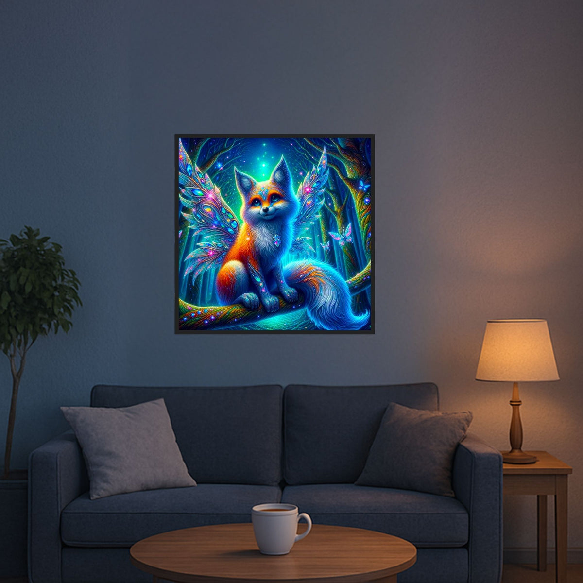 Diamond Painting Set Fantasy Fuchs mit Feenflügeln und Schmetterlingen im leuchtenden Wald als an der Wand hängende Kunst