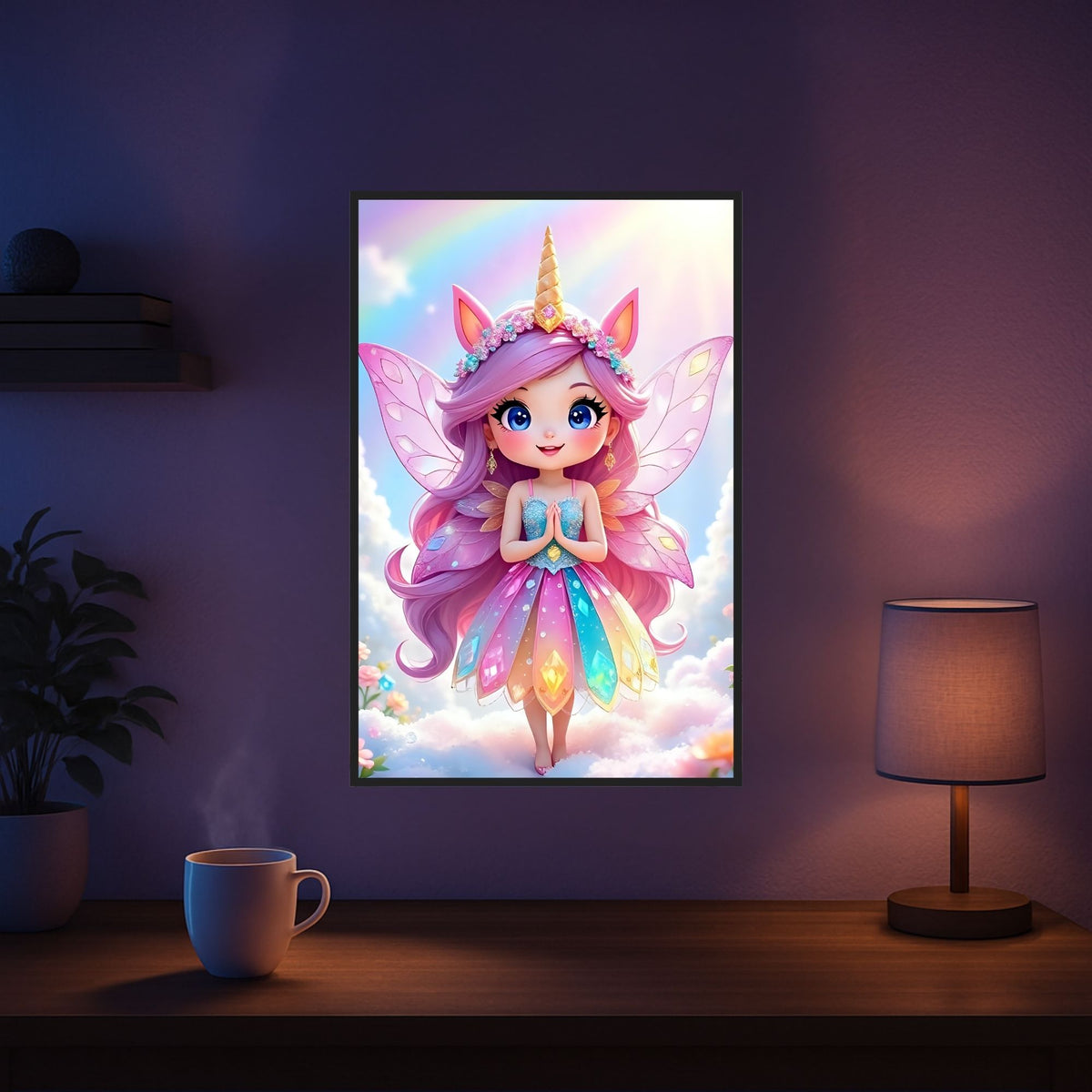 Diamond Painting Set mit buntem Einhorn-Fee Motiv, Regenbogenfarben und glitzernden Details im Wohnzimmer gerahmt.