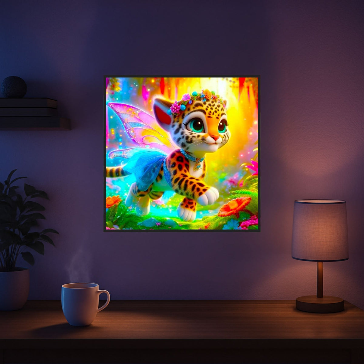 Diamond Painting Set Finja die kleine Tigerfee als buntes Fantasy-Motiv mit glitzernden Strasssteinen auf einer Blumenwiese