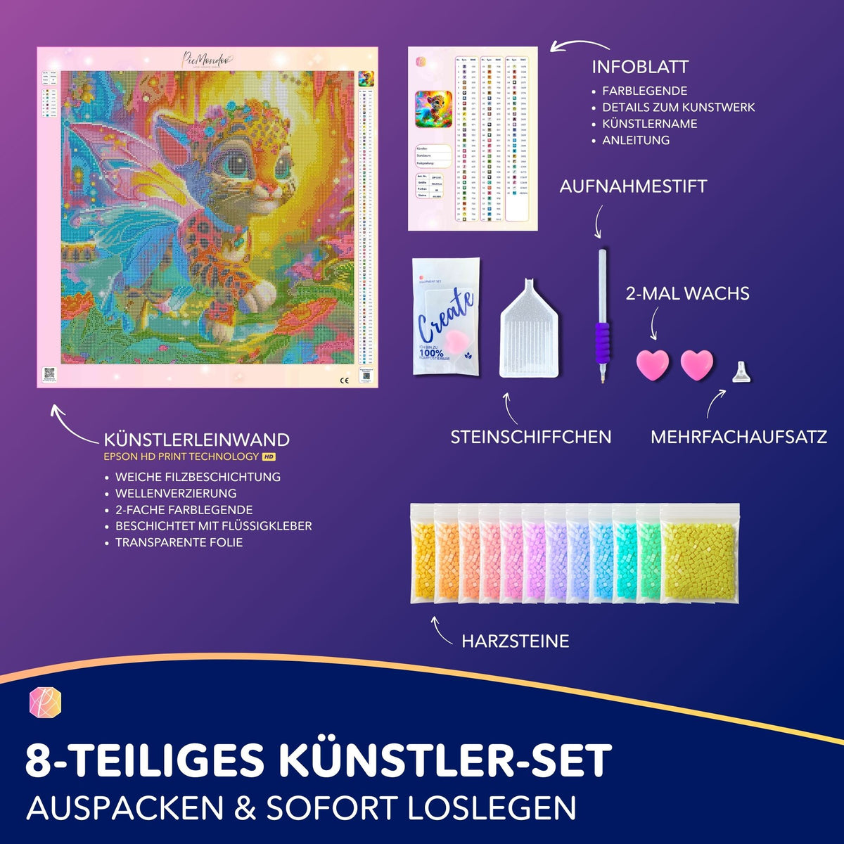 Diamond Painting Set Finja die kleine Tigerfee mit Leinwand, bunten Harzsteinen und Zubehör für kreatives Basteln