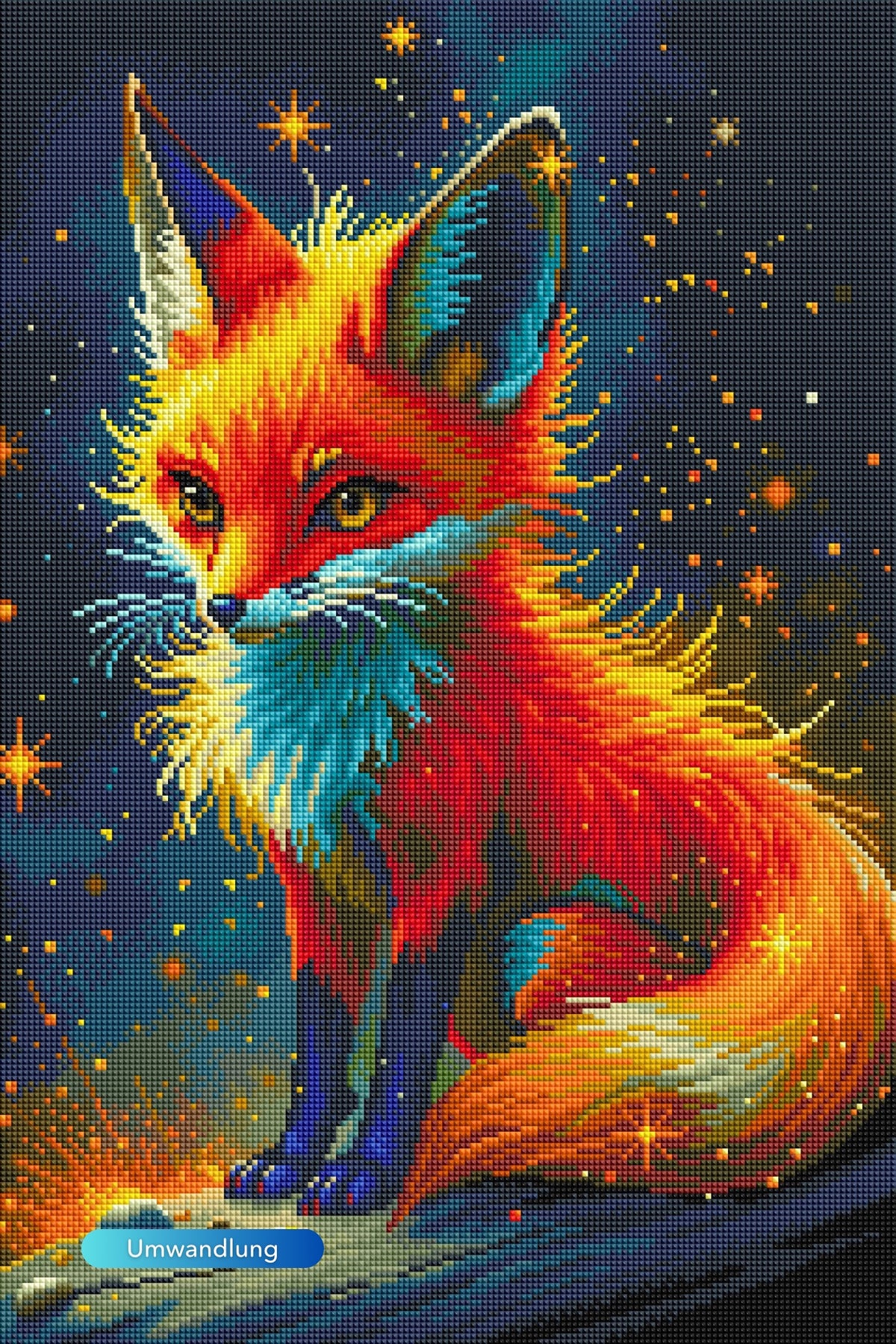 Diamond Painting Set Foxy: Bunter, fantasievoller Fuchs im Sternenhimmel mit funkelnden Steinen und leuchtenden Farben.