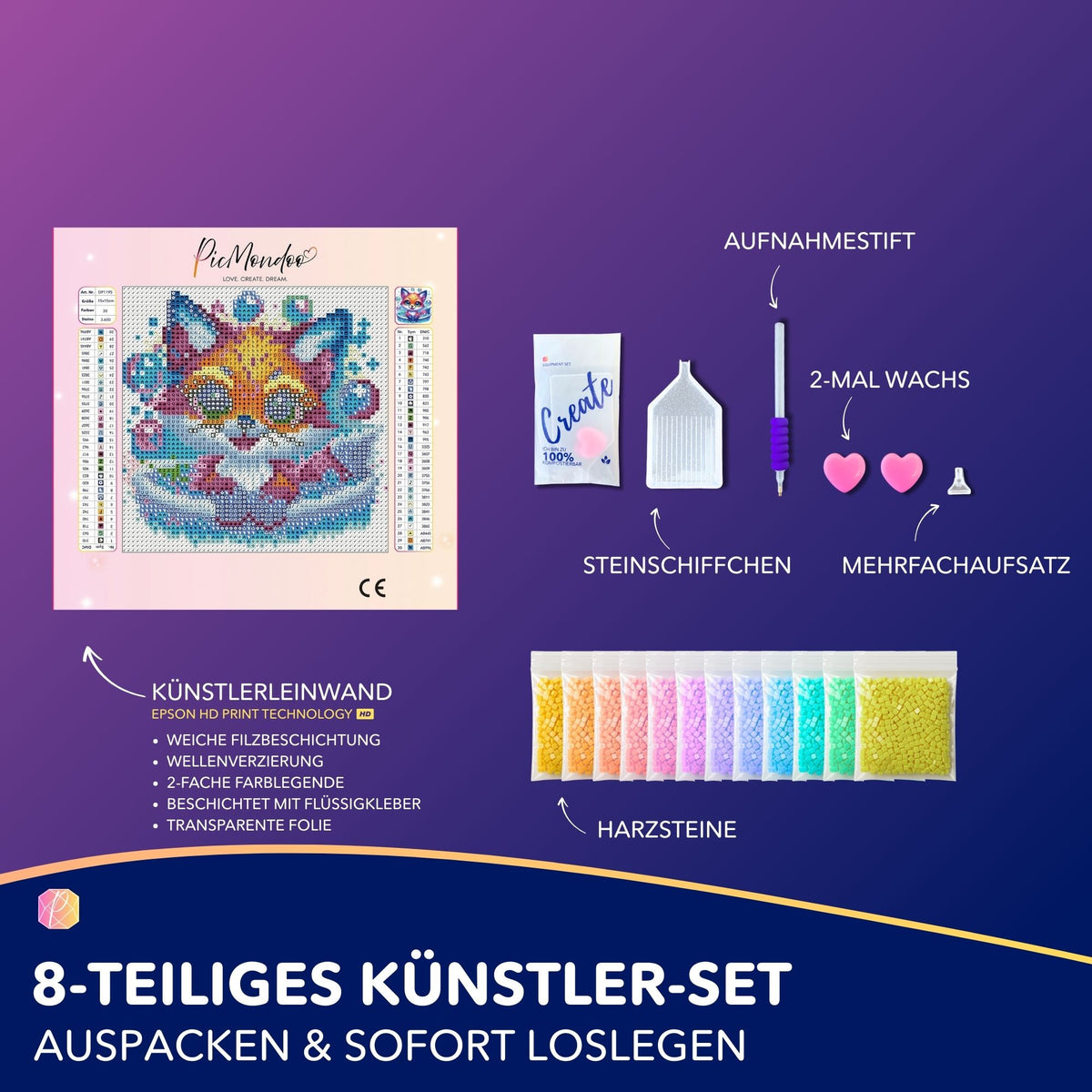 Diamond Painting Set Foxy Fuchs mit 15x15cm Leinwand, bunten Harzsteinen und komplettem Zubehör für DIY Kunstwerke.