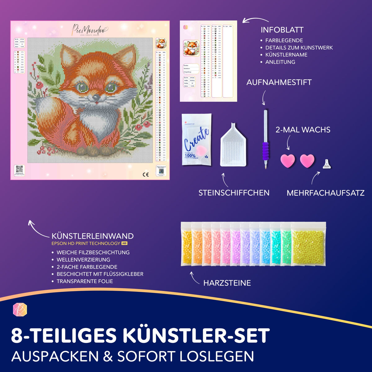 Diamond Painting Set Freddy Füchschen mit Leinwand, bunten Harzsteinen und Zubehör für DIY Kunstprojekte