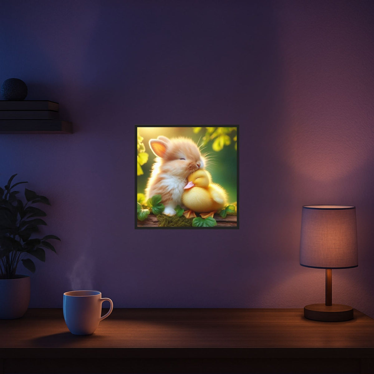 Diamond Painting Set Friendship mit süßem Hasen und Küken als Motiv in einem gemütlichen Wohnambiente