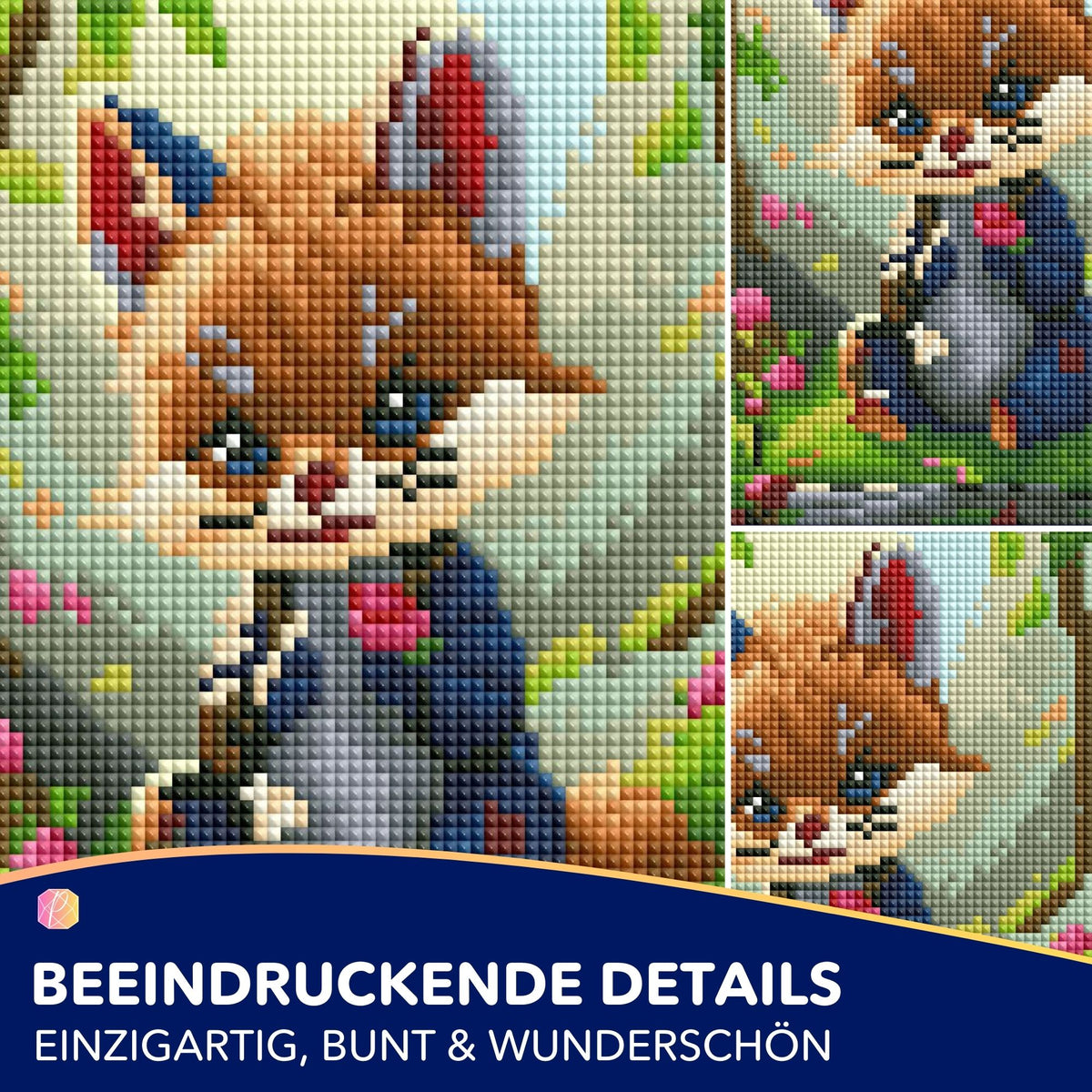 Diamond Painting Set Detailansicht: Niedlicher kleiner Fuchs Kasper umgeben von bunten Blumen und Waldmotiven