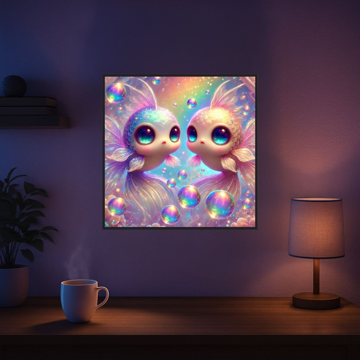 Diamond Painting Set mit zwei niedlichen Fischen, bunten Seifenblasen und Fantasy-Motiv für ein glitzerndes Kunstwerk