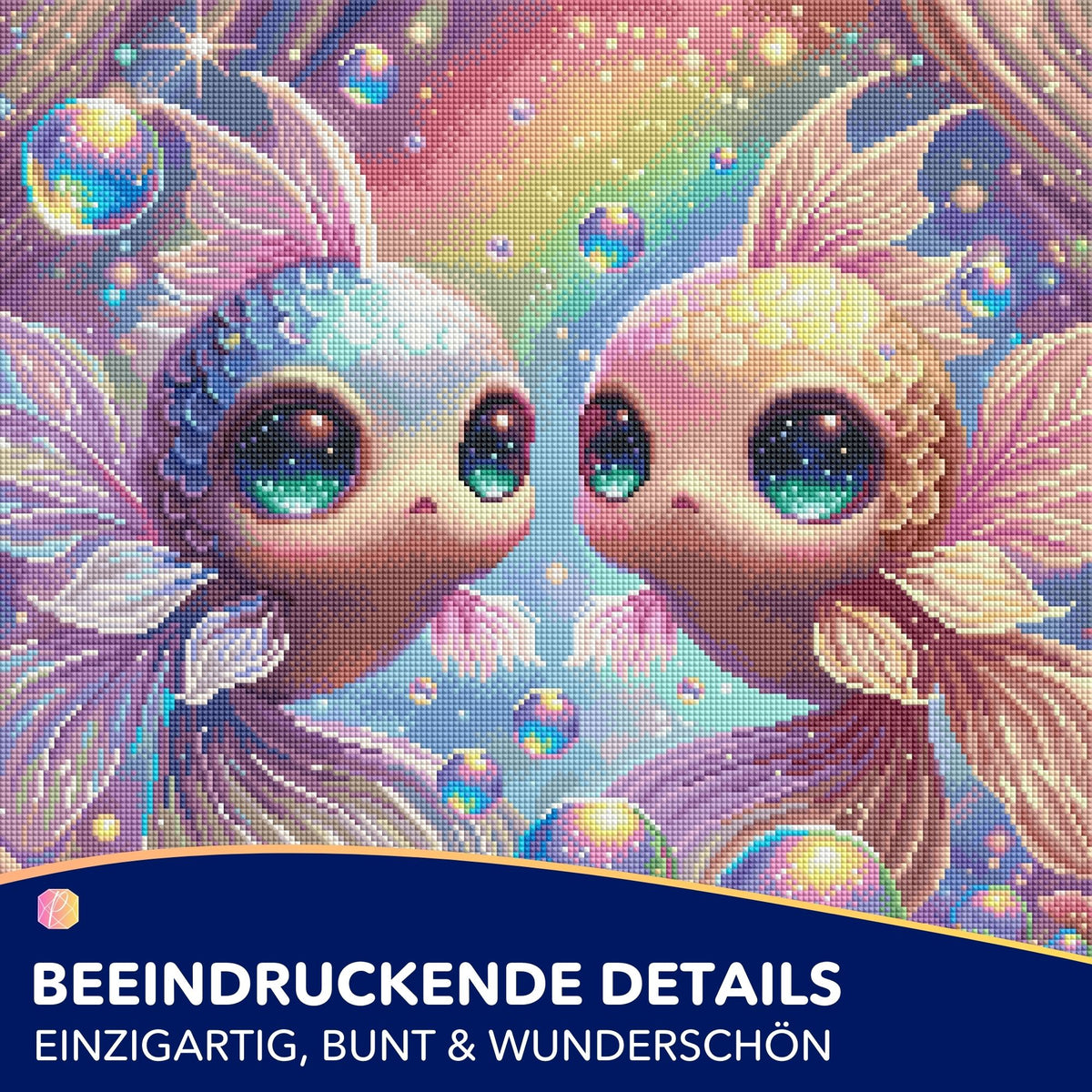 Diamond Painting Set mit süßen Fantasy-Fischen, bunten Seifenblasen und Regenbogenfarben im 50x50cm Format mit eckigen Steinen