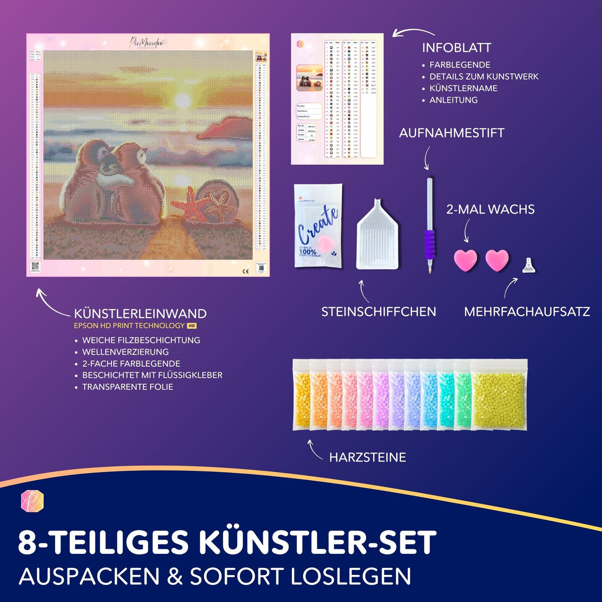 Diamond Painting Set Pinguin Familie am Strand mit Leinwand, bunten Harzsteinen und Zubehör wie Stift und Steinschiffchen.
