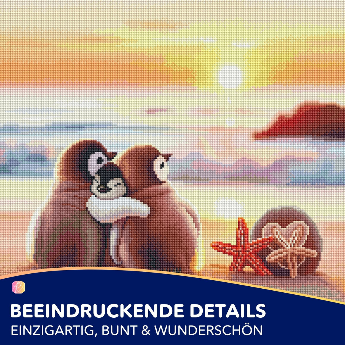 Diamond Painting Set Pinguin Familie am Strand im Sonnenuntergang mit glänzenden Strasssteinen und Seesternen