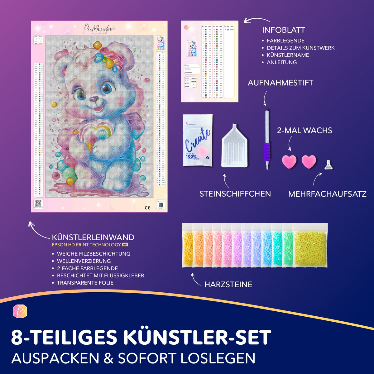 Diamond Painting Set Herzensbärchen mit Leinwand, bunten Steinen und Zubehör für kreatives Basteln