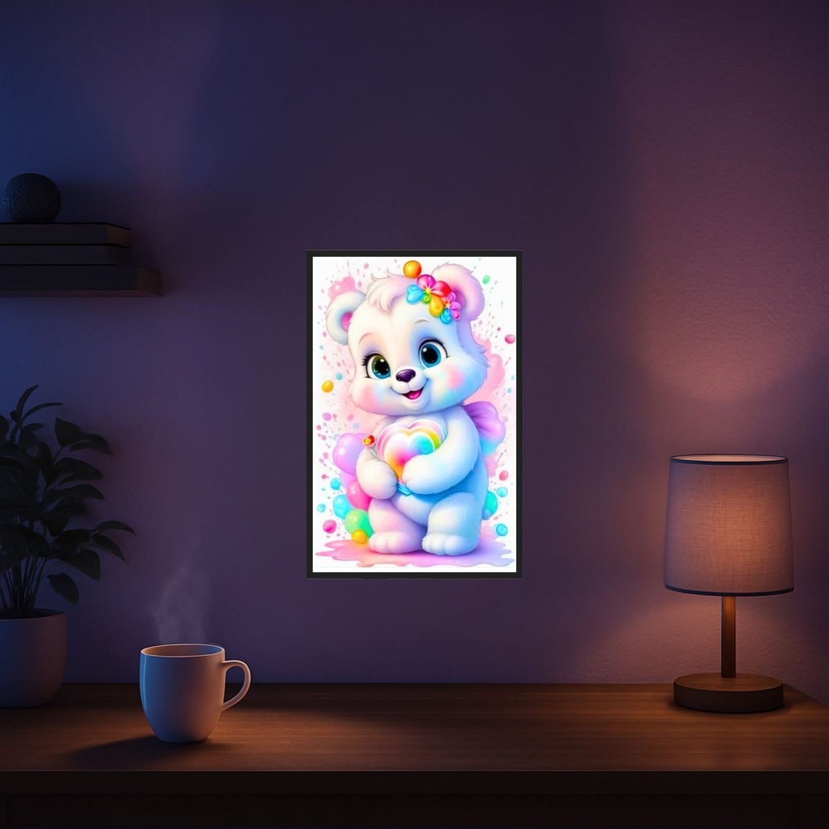 Diamond Painting Set Herzensbärchen mit süßem weißen Teddy und bunten Herzen im verspielten Fantasy-Design