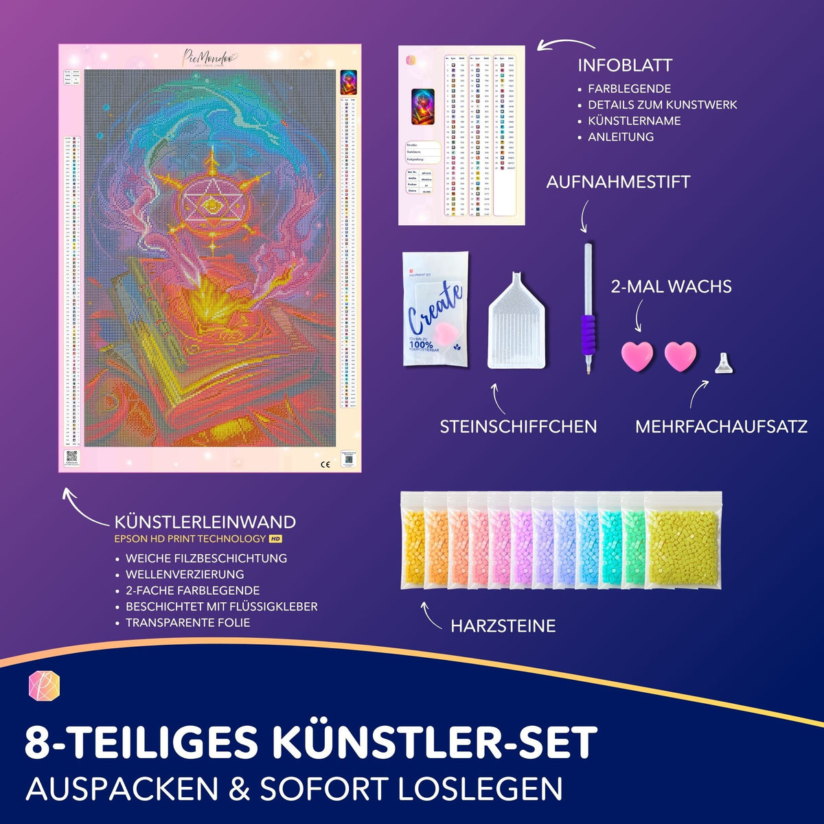 Diamond Painting Set Hexenkünste mit magischem Buch Motiv, farbigen Harzsteinen und komplettem Zubehör für DIY Kunst.