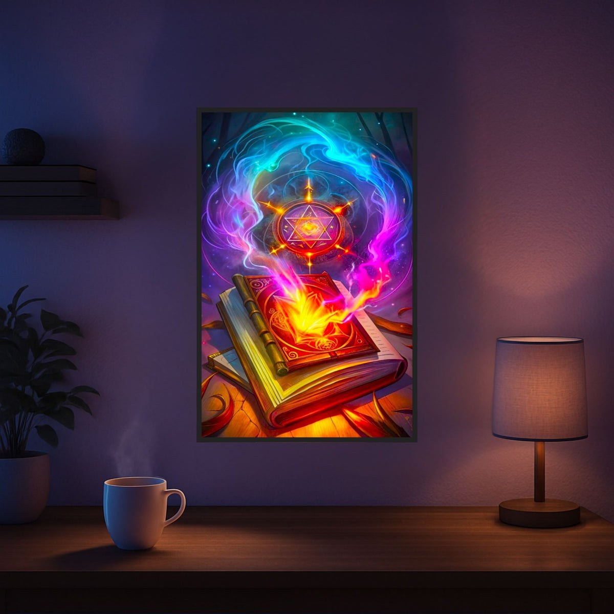 Diamond Painting Set Hexenkünste: Magisches Buch mit leuchtenden Farben und Lichteffekten als Wandbild im Wohnzimmer.
