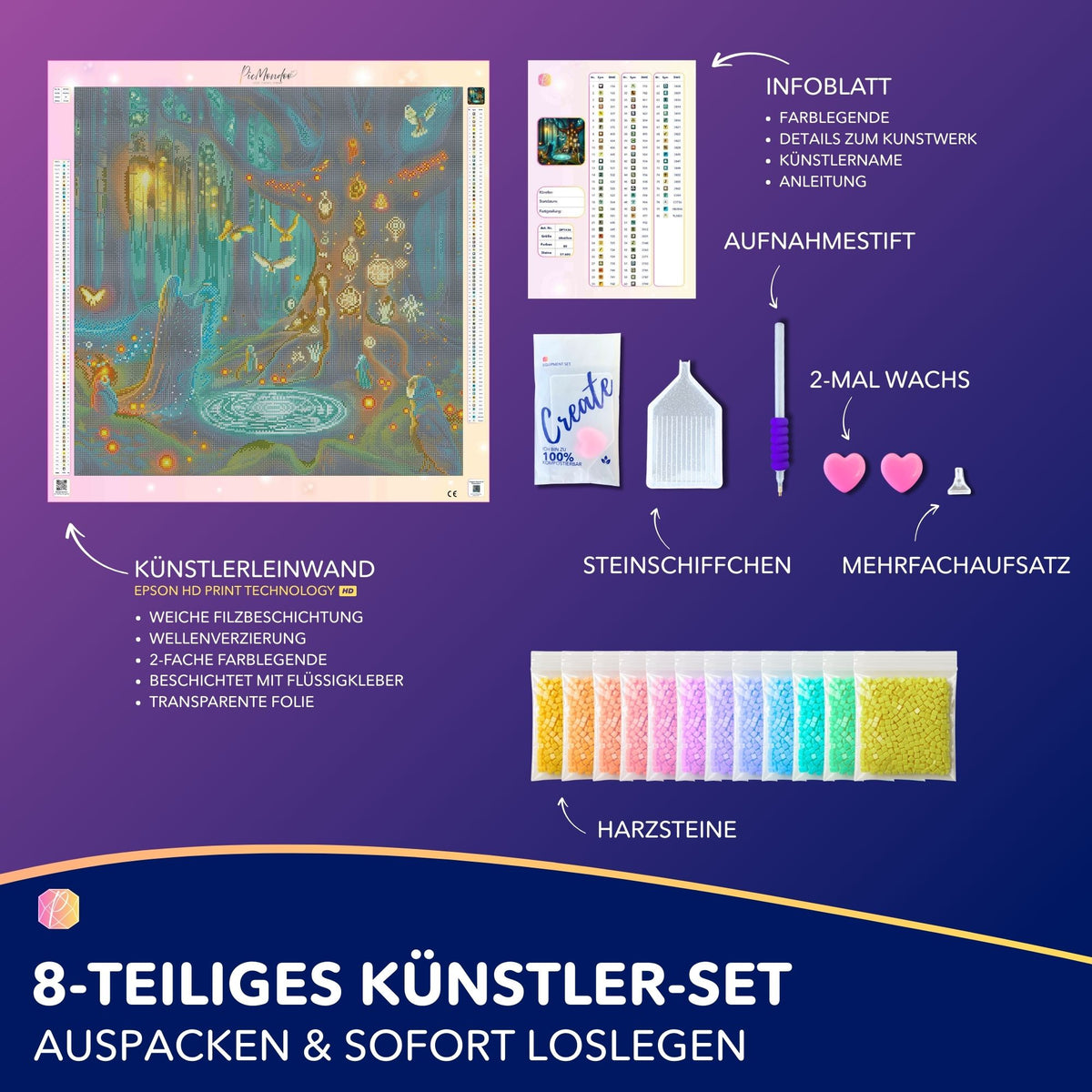 Diamond Painting Set Hexennacht mit Leinwand, bunten Harzsteinen und Zubehör für DIY Kunstprojekte im Fantasy-Design.