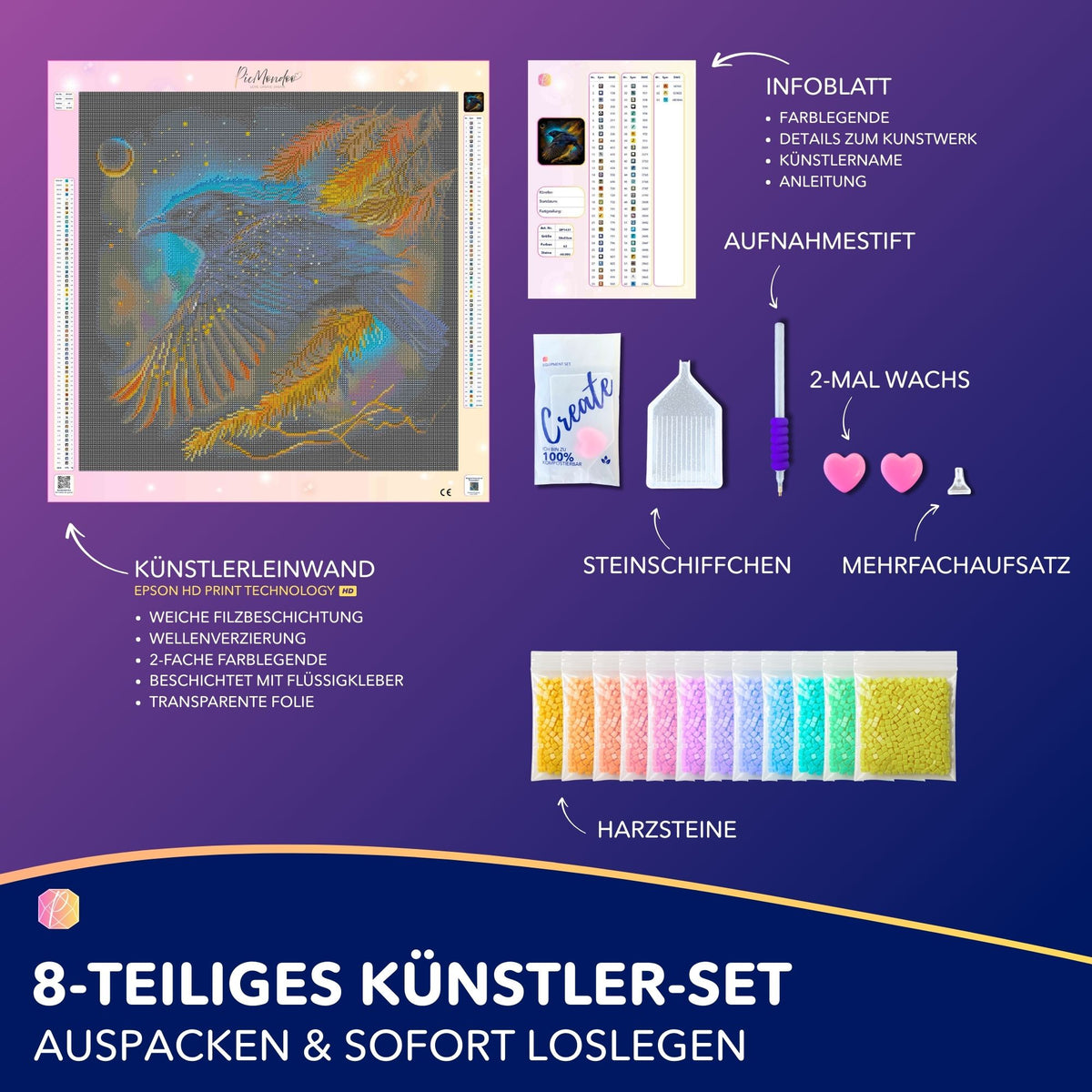 Diamond Painting Set Hexenrabe 50x50cm mit Leinwand, Glitzersteinen und Bastelzubehör für kreative DIY-Kunst