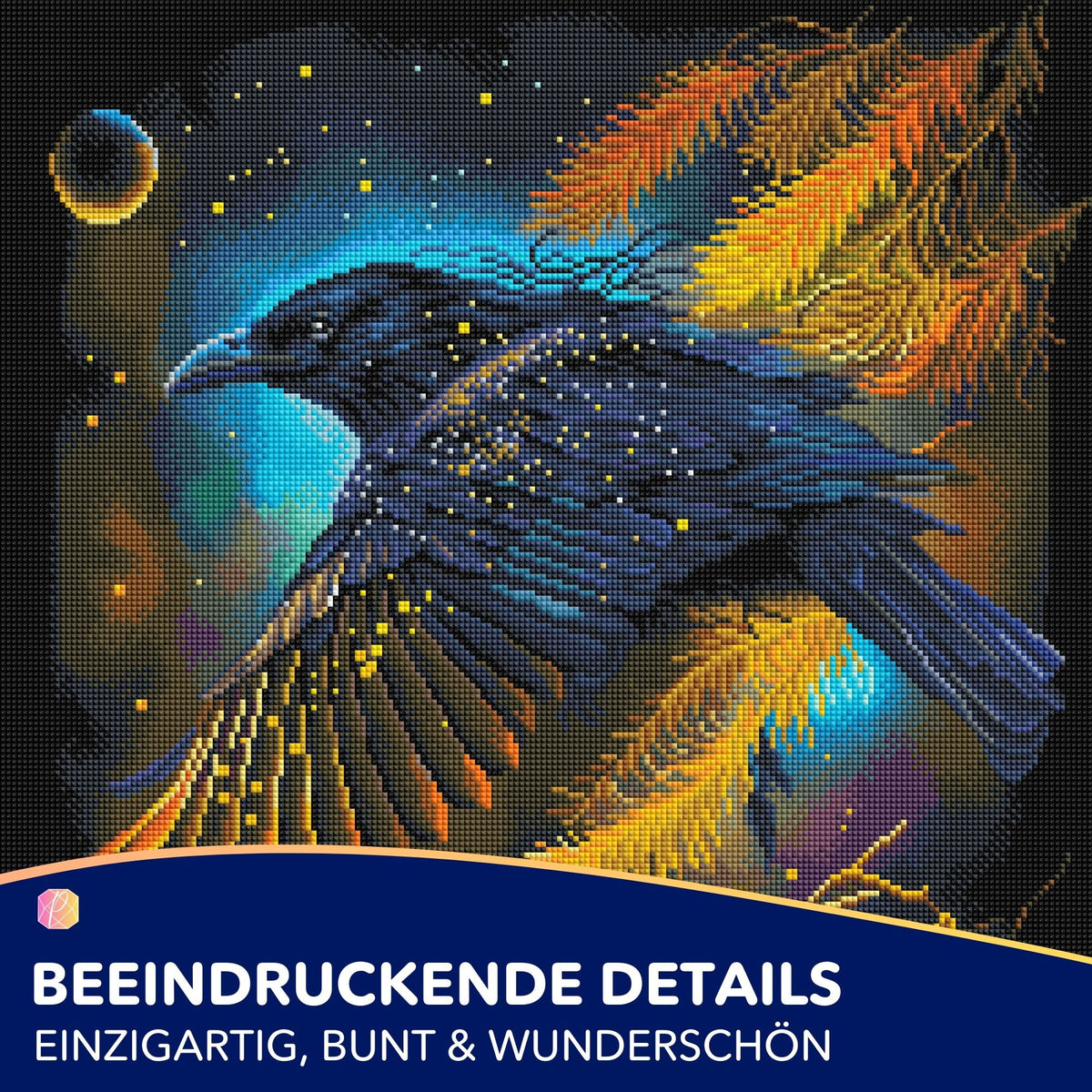 Diamond Painting Hexenrabe mit bunten Glitzersteinen, magisches Fantasy-Motiv mit Rabe, leuchtenden Farben und Mondsichel.