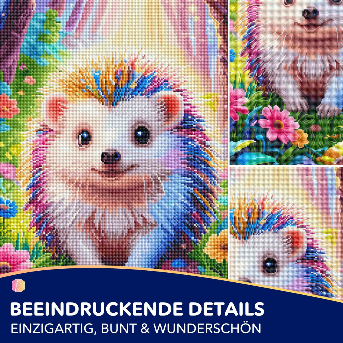 Diamond Painting Set Igel Stups: Buntes Tier-Motiv mit glitzernden Steinen in einer blumigen Waldlandschaft