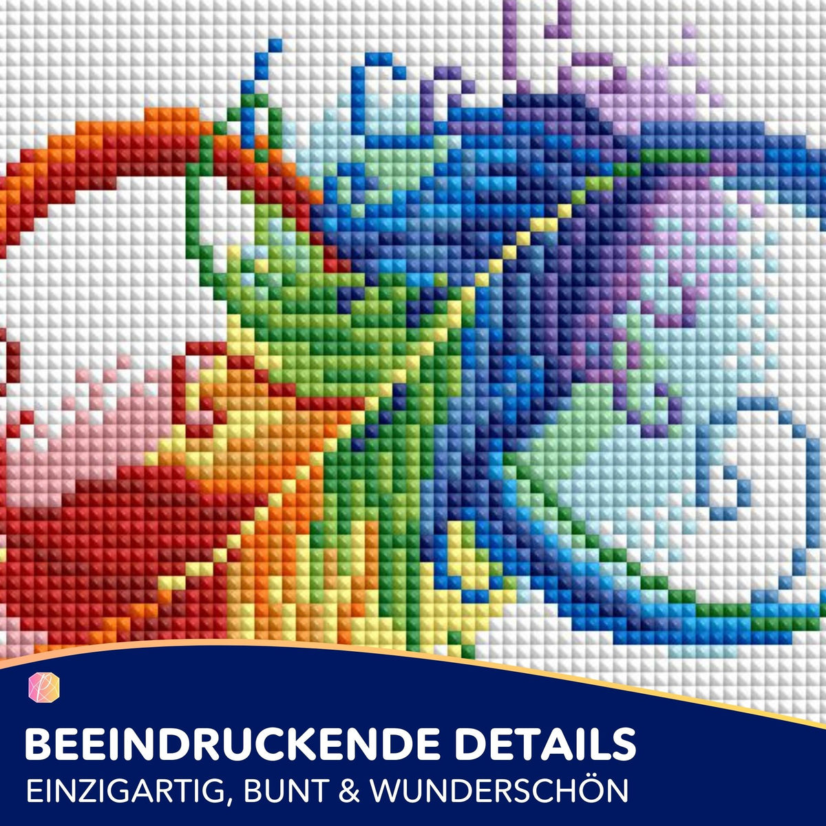 Diamond Painting Set Infinity Feather mit bunten Glitzersteinen als abstraktes Feder-Motiv in leuchtenden Farben