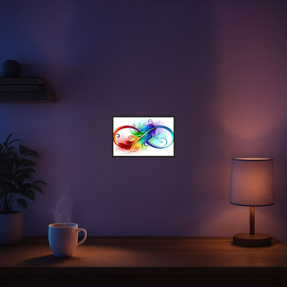 Diamond Painting Set mit buntem Infinity-Feder-Motiv als abstrakte Wanddekoration gerahmt an einer dunklen Wand.