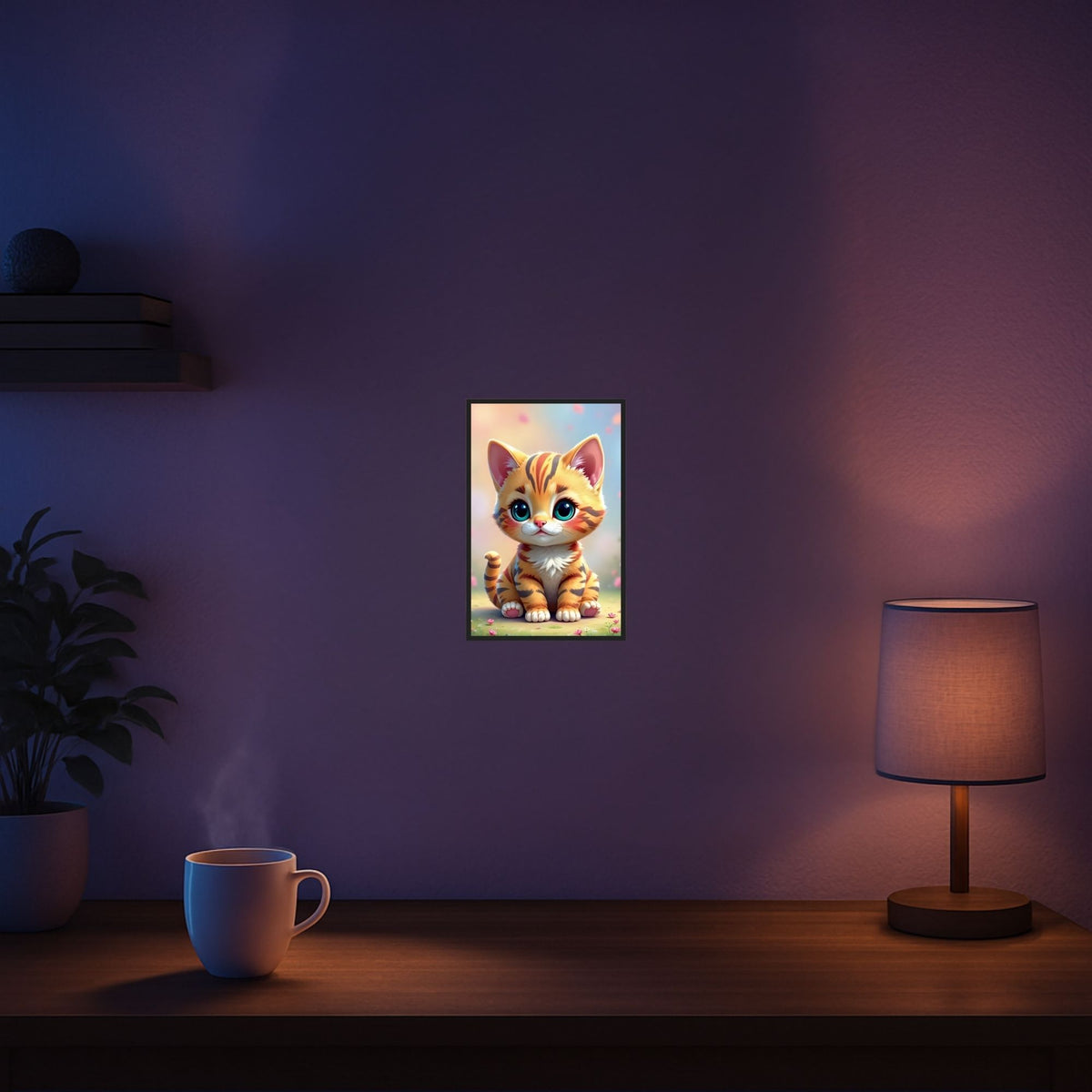 Diamond Painting Set Karlchen als süßes Katzen-Motiv in einem gemütlichen Raum an der Wand aufgehängt.
