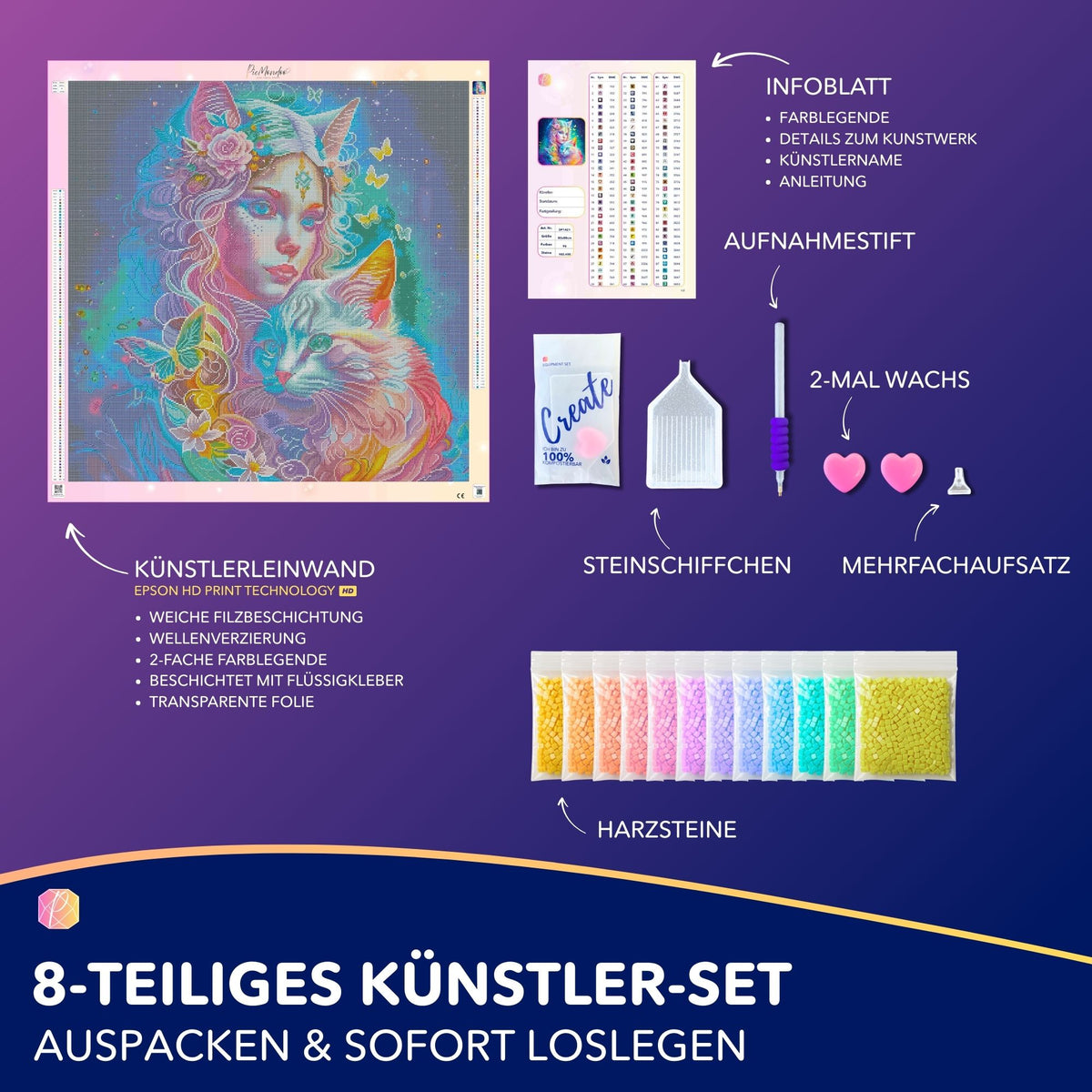 Diamond Painting Set Katzenelfe mit bunter Leinwand, Strasssteinen und Zubehör für ein farbenfrohes Fantasy-Kunstwerk