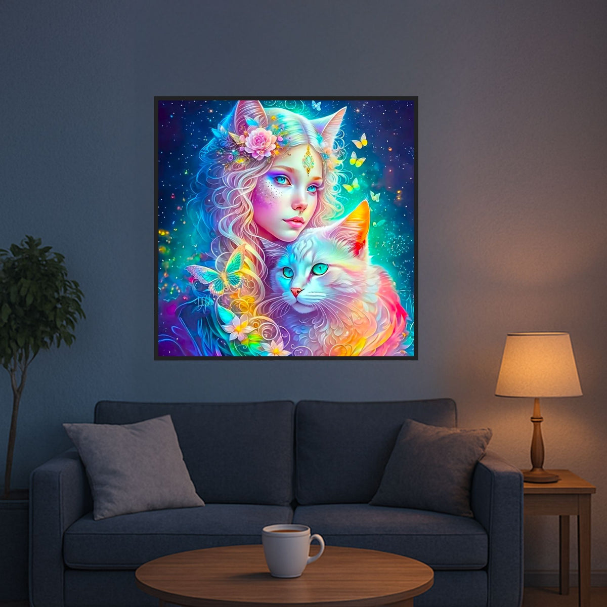 Diamond Painting Katzenelfe als buntes Fantasy-Motiv mit glitzernden Steinen an einer Wohnzimmerwand.