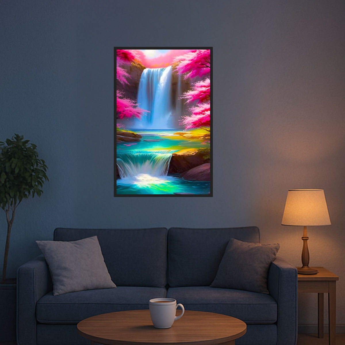 Diamond Painting Set eines Wasserfalls mit rosa Kirschblüten im Fantasy-Stil als Wanddekoration über einem Sofa